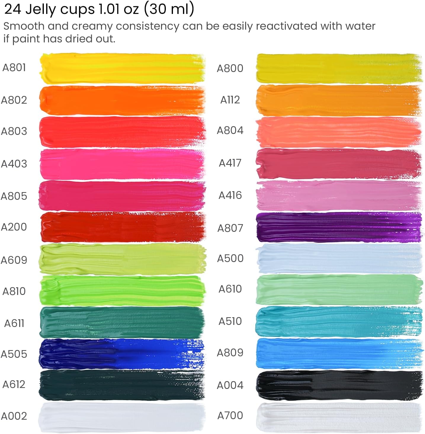 ARTEZA Gouache Paint, Set of 24 Jelly Paints, 1 fl oz (30 mL) Tubs, Opaque Gouache Set for Canvas, Paper, and Wood