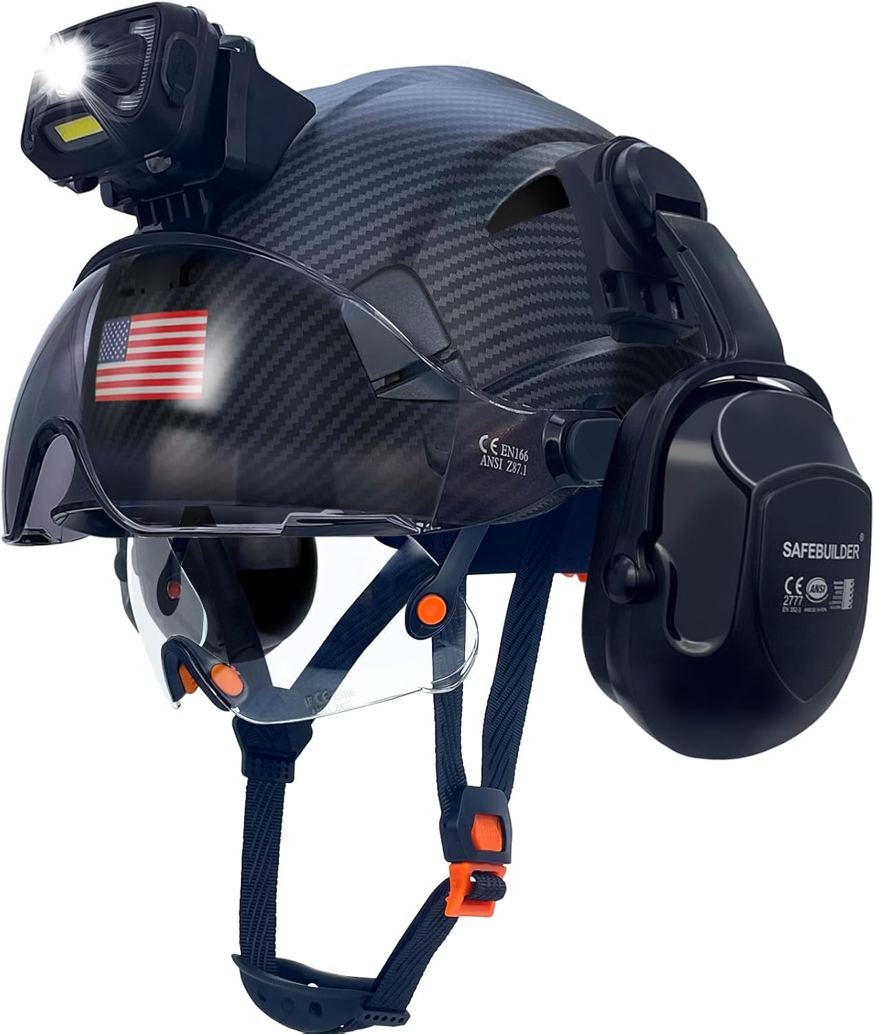 SAFEBUILDER Hard Hats with Headlight Lamp Safety Helmet with Visor Vented Adjustable Ear Muffs ANSI Z89.1