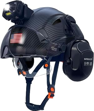 SAFEBUILDER Hard Hats with Headlight Lamp Safety Helmet with Visor Vented Adjustable Ear Muffs ANSI Z89.1