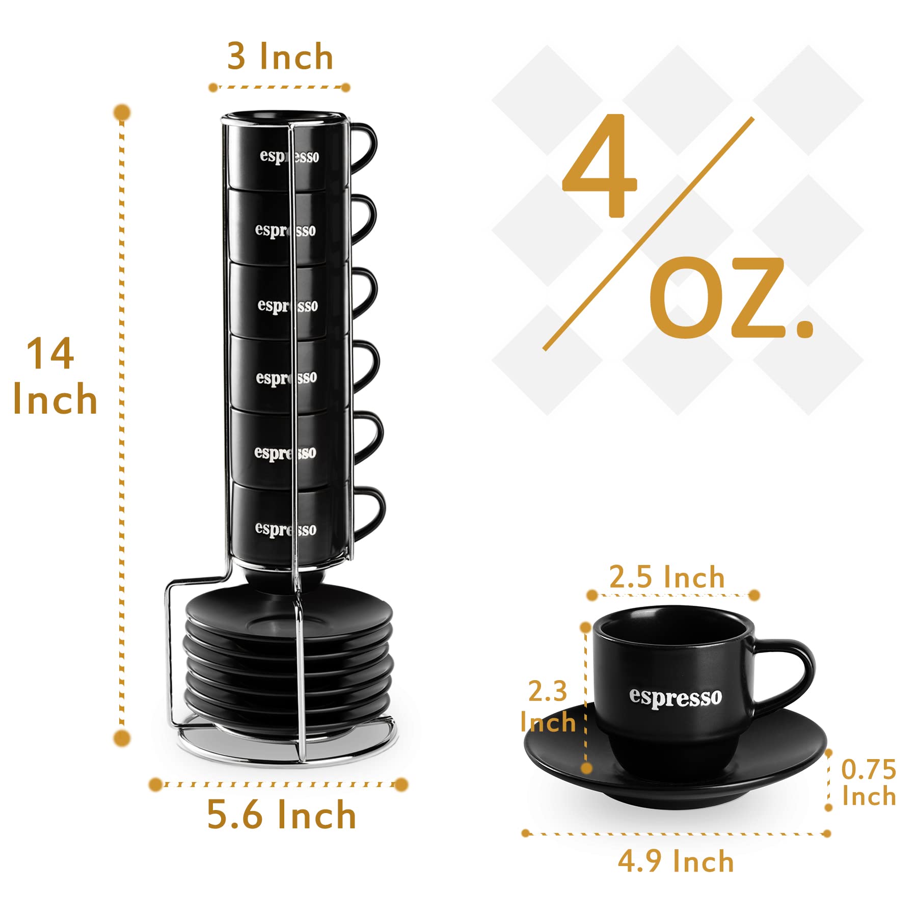 LYEOBOH Espresso Cups with Saucers Set Porcelain Coffee Cup Set and Metal Stand, 4 OZ Stackable Demitasse Cups for Latte, Cafe Mocha, Tea Cups, Set of 6, Silver