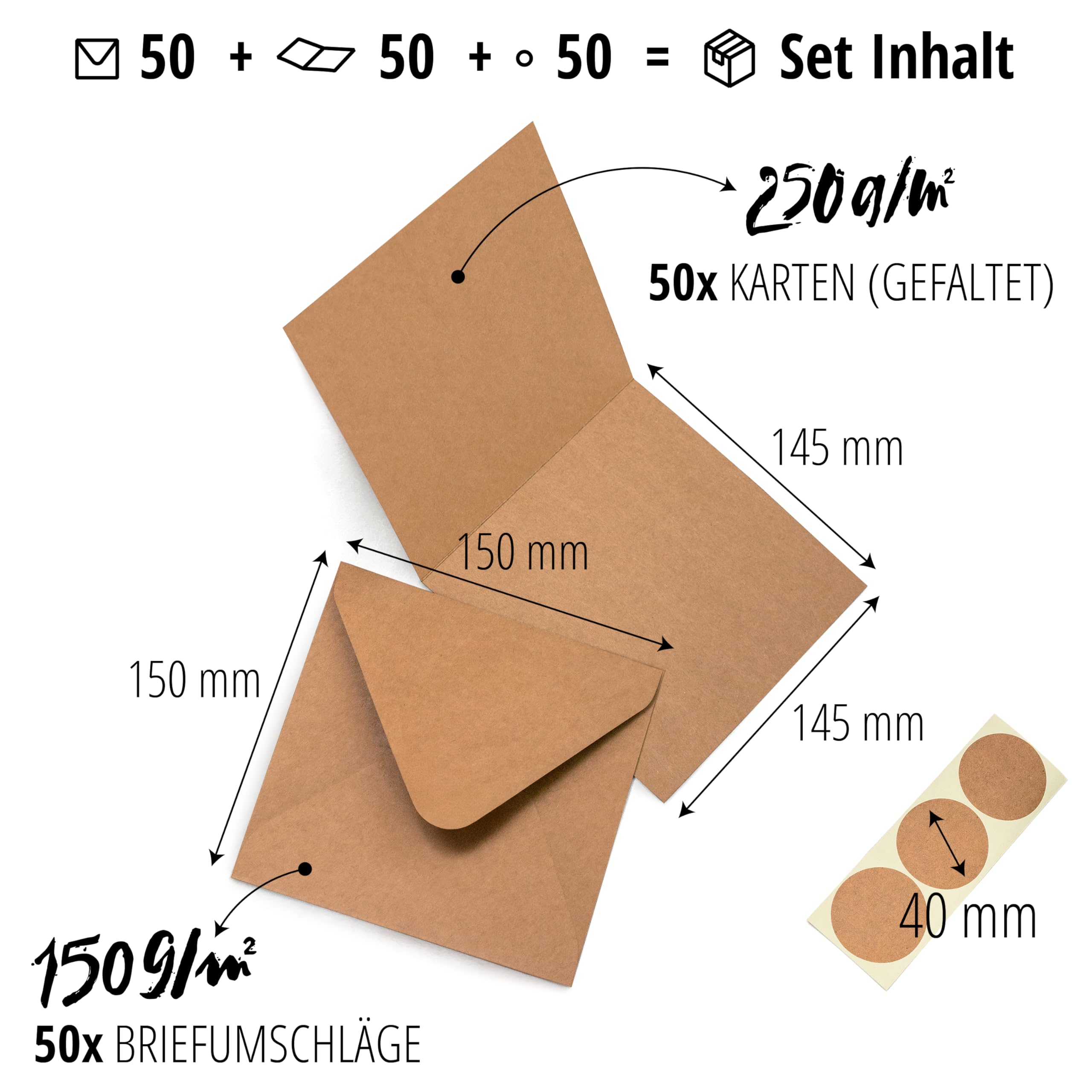 Japun set 50 biglietti pieghevoli quadrati vuoti con buste marrone