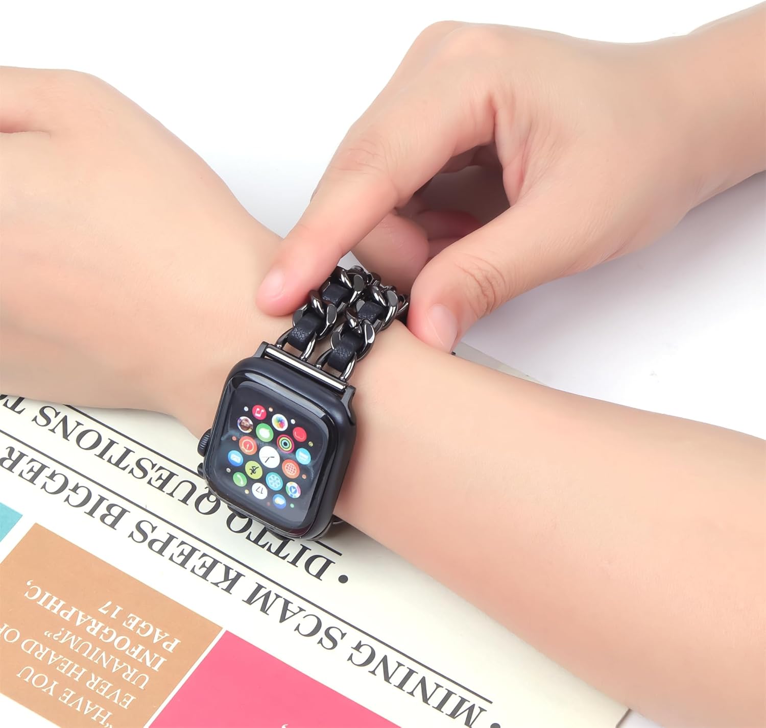 Compatible With Apple Watch Band for Woman 42mm 44mm 45mm 49mm, Metal Strap Leather Over Gold Chain Cowboy Style Replacement iWatch Series 9 8 7 6 5 4 3 2 1 SE (Black Link with Black Leather) - Image 9