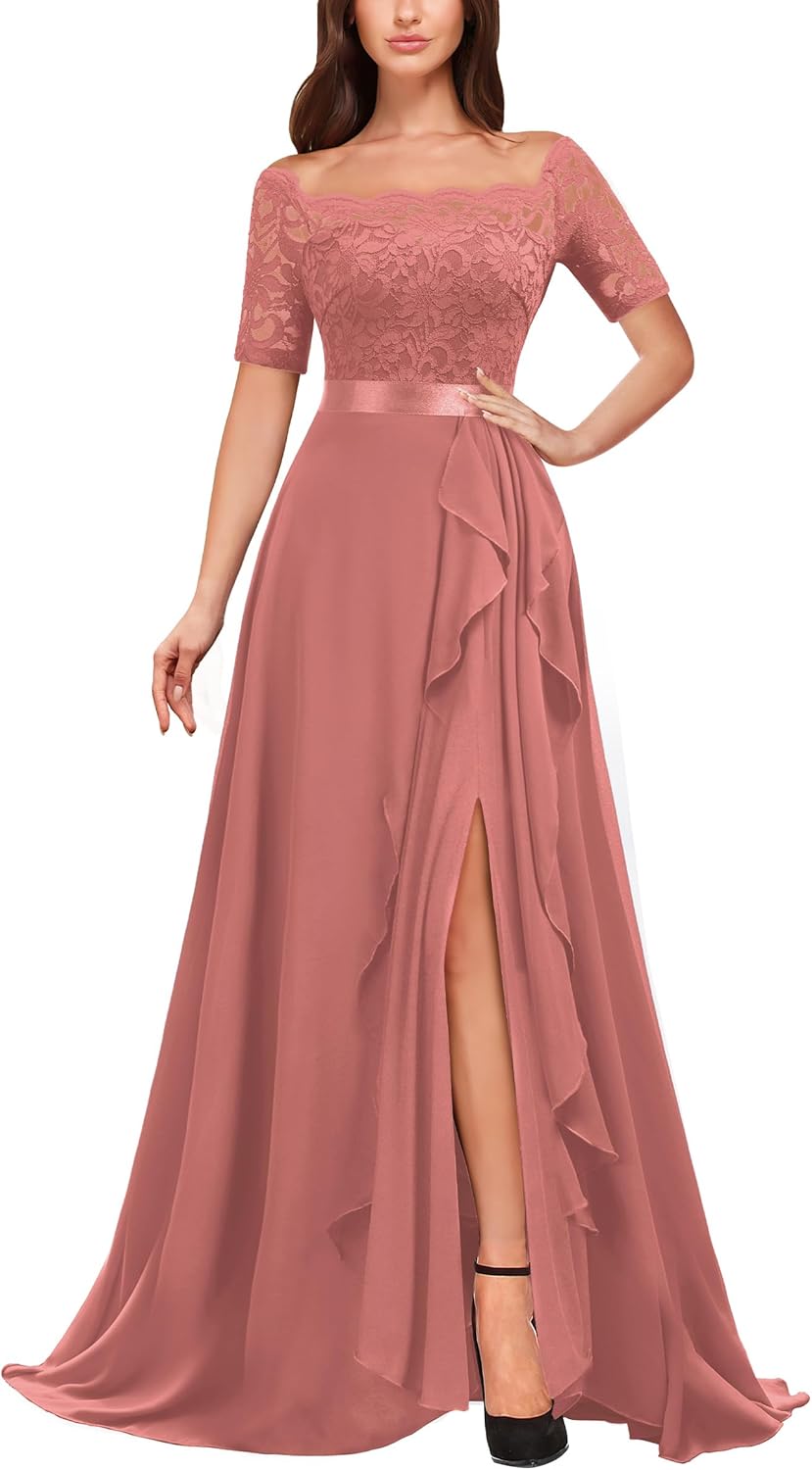 Miusol Women's Off Shoulder Classic Floral Lace Ruffle Short Sleeve Formal Wedding Maxi Dress