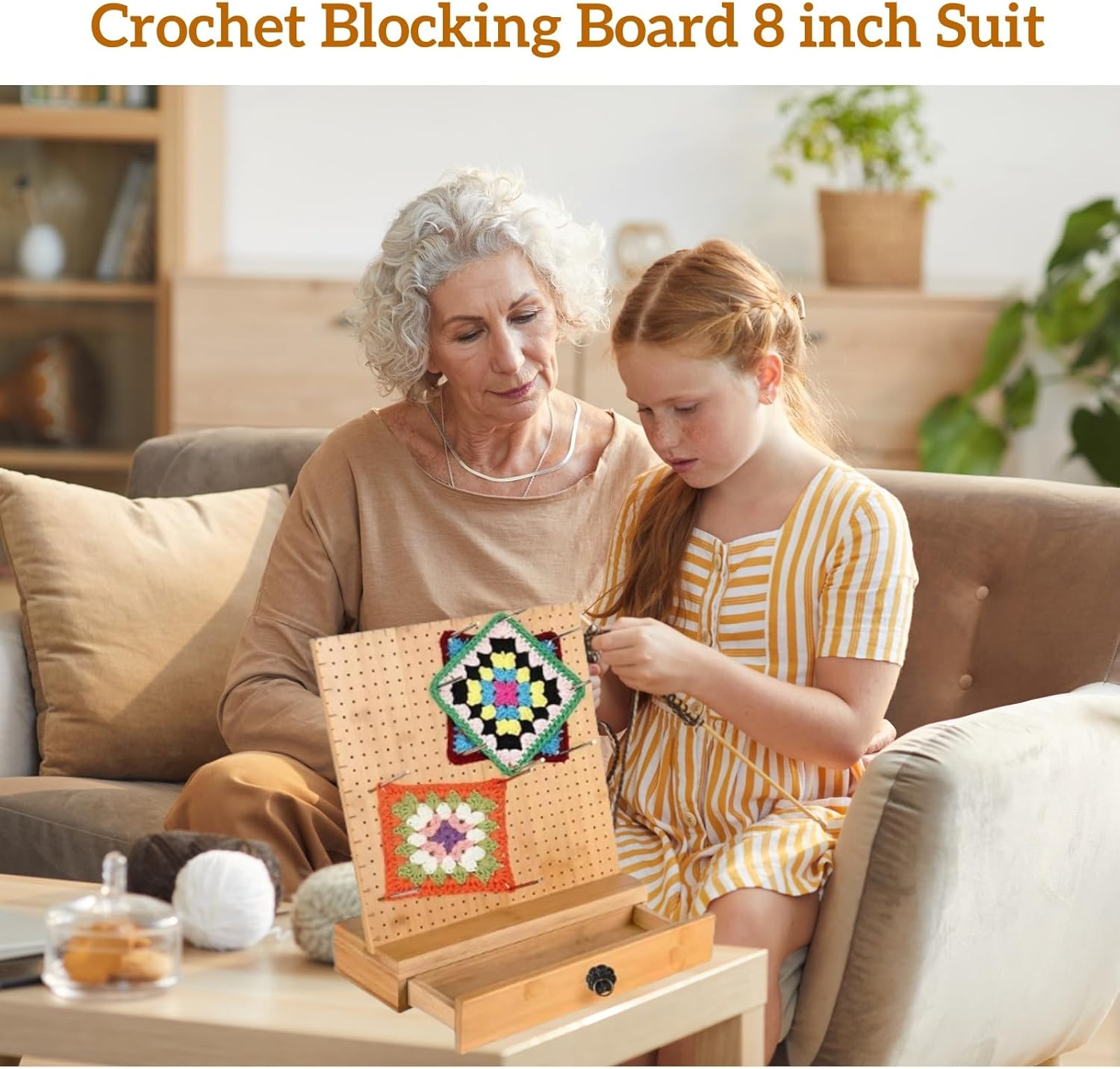 Crochet Blocking Board 8 inch Suit, Wooden Crochet Blocking Board and 30 Pins, Granny Square Blocking Board, Knitting Blocking Board with Drawers,Blocking Boards for Crochet and Knitting Projects