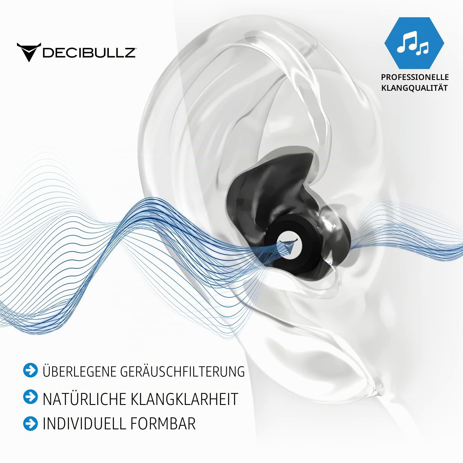 Decibullz – Custom Moulded High-Fidelity (Hi-Fi) Ohrstöpsel Filter für Konzerte und Veranstaltungen (Schwarz)