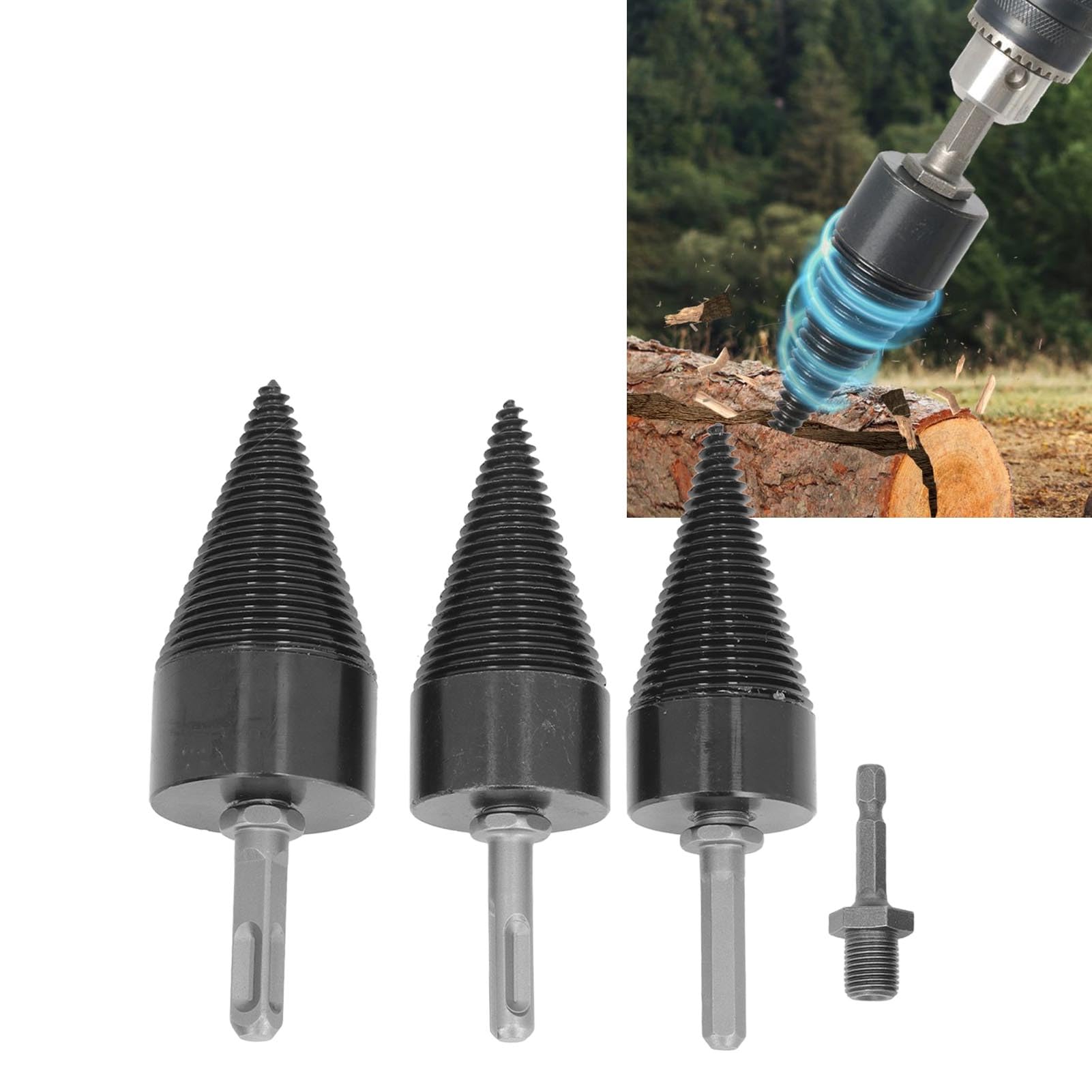 Zestaw rozdzielacza stożkowego 32mm 42mm 50mm wiertła rozłupujące kwadratowe okrągłe uchwyty sześciokątne Heavy Duty drewno opałowe narzędzia do wiercenia w drewnie