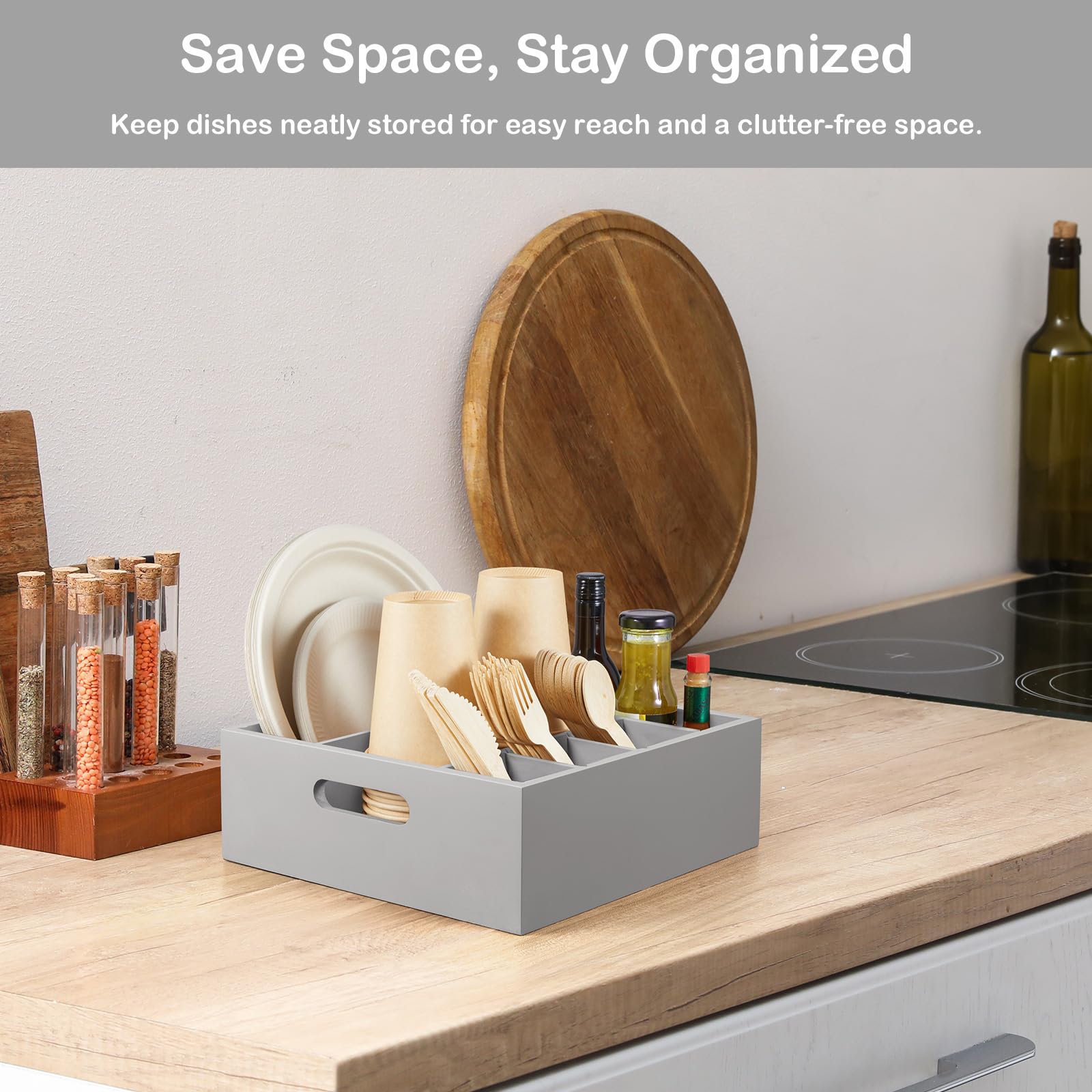 Soporte para utensilios de madera gris para fiestas, organizador de platos de papel para encimera, organizador de cubiertos con 6 compartimentos para platos, tazas, tenedores, cucharas