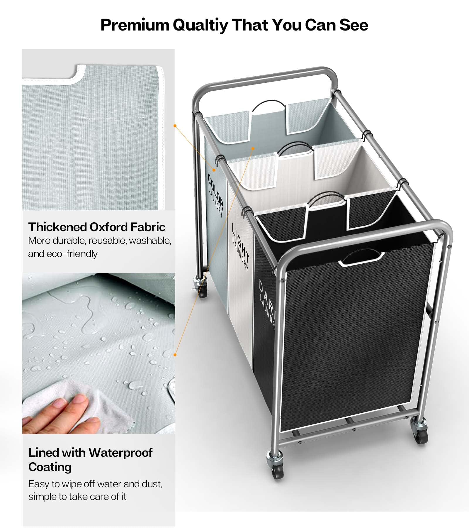 ROMOON Organizador de ropa sucia, cesta de lavandería de 3 secciones con ruedas, cesta de lavandería rodante con gran capacidad y bolsas extraíbles para almacenamiento de ropa, multicolor