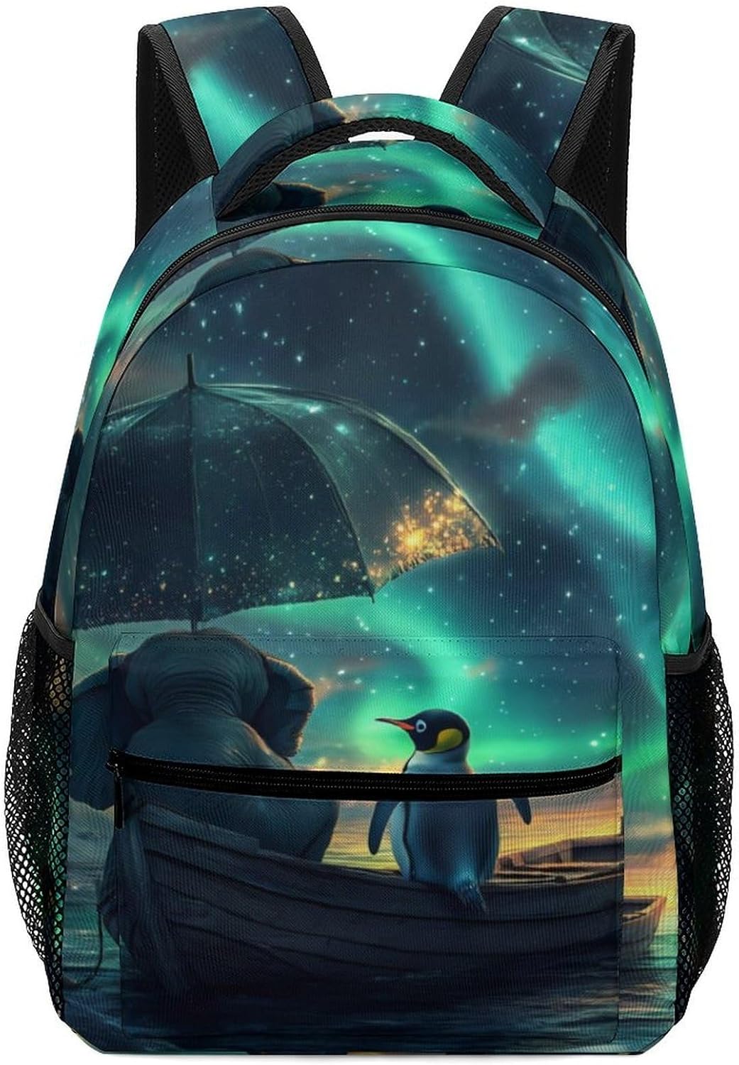 Northern Lights Elephant Penguin on Boat Laptop Backpack Lightweight Travel Daypack Shoulder Bag for Men Women