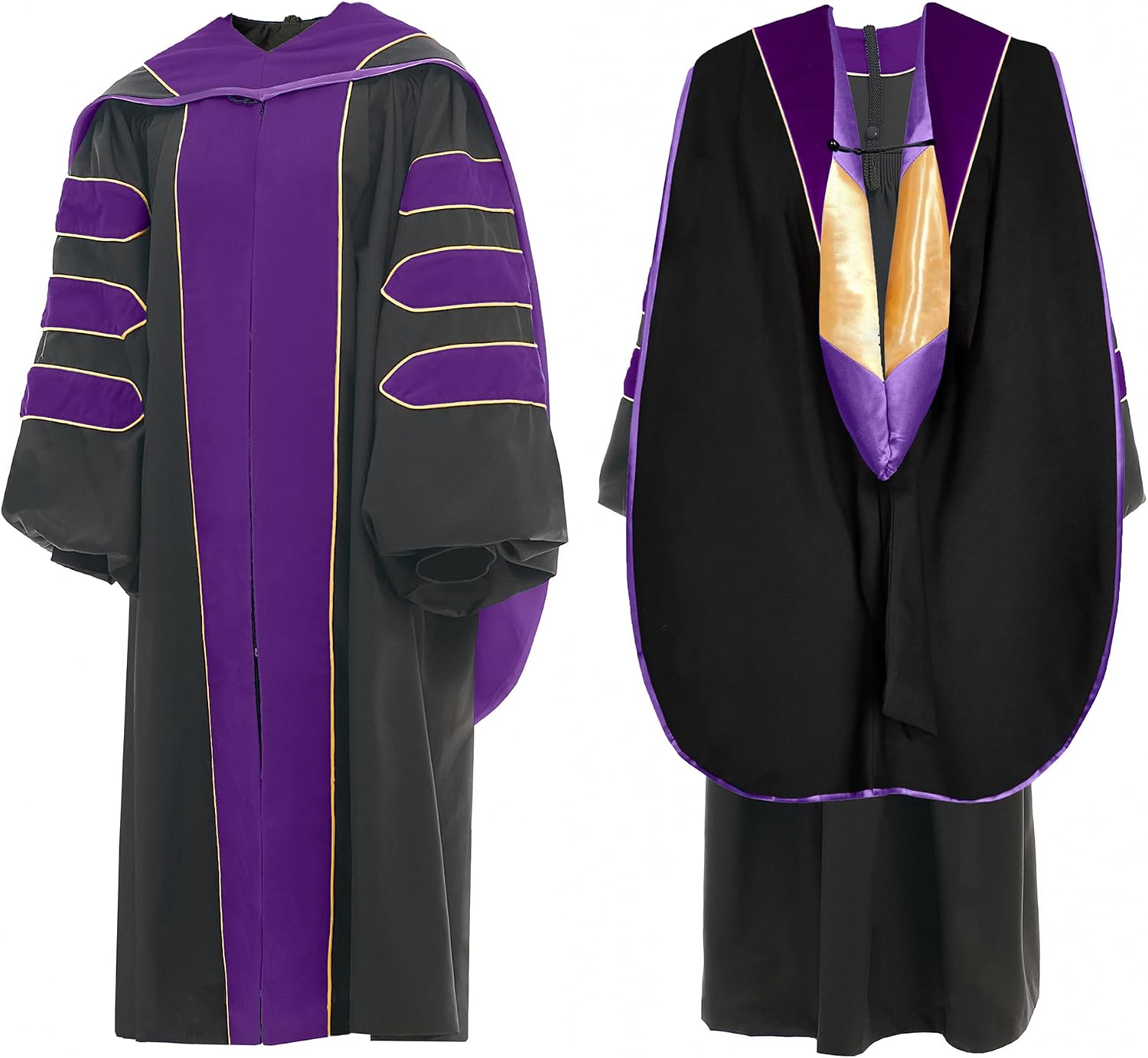 Unisex Deluxe Doctoral Graduation Gown Tam Hood with Gold Piping Doctoral Regalia