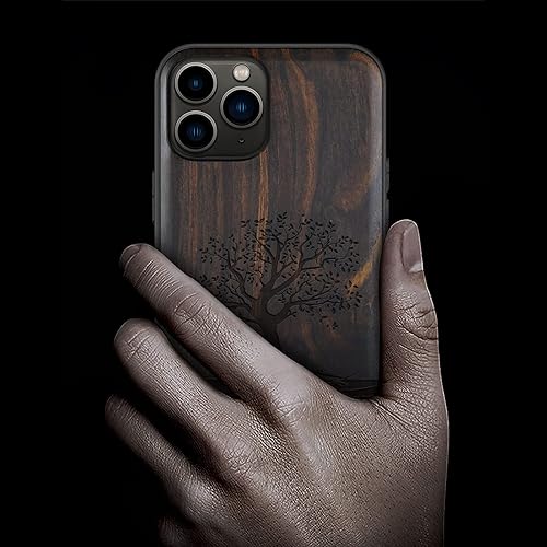 Miniatura 2 de Carveit Funda de madera para iPhone 11 Pro Max madera real dura y TPU suave negro a prueba de golpes, protector de teléfono de madera único