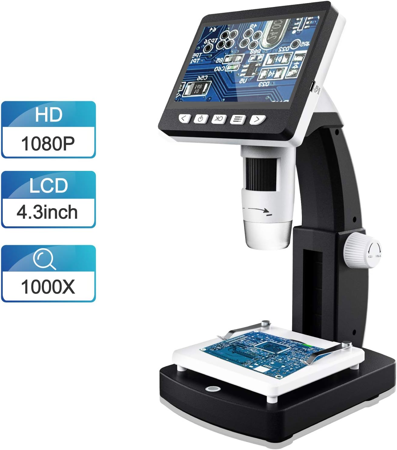 LCD Digital Microscope, FOCLEN 4.3 inch 50X-1000X Magnification Zoom 1080P 2.0 Megapixels Compound Handhled Rechargeable 8 Adjustable LED Lights Lab Microscopes Camera