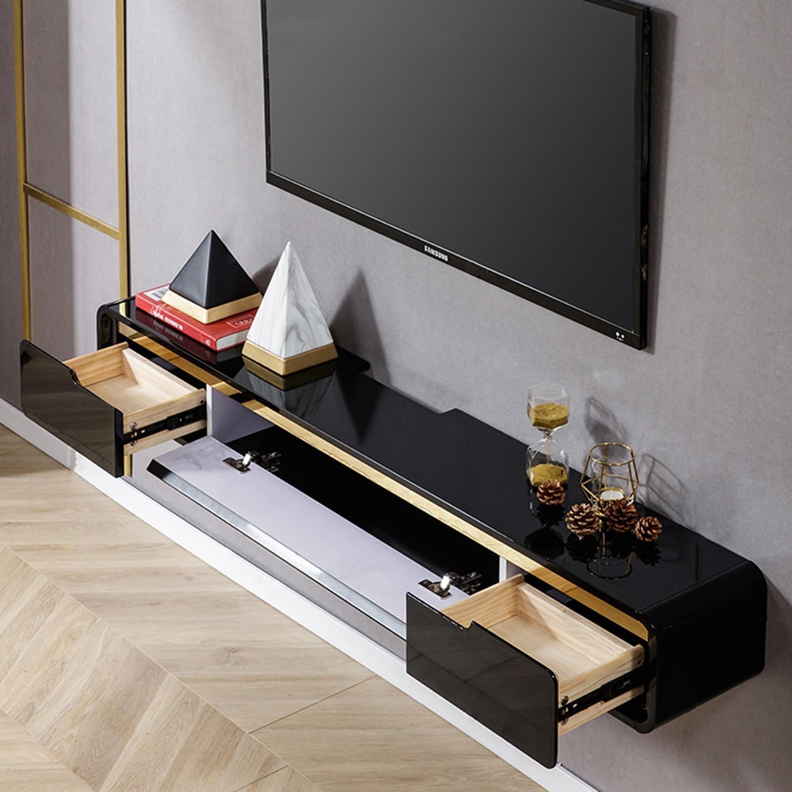 Schwimmende TV-Konsole, Wandhalterung, Media-Entertainment-Center mit Schubladen und Gaming-Aufbewahrung, Wandmontage, TV-Ständer, Regal, Schrank für Zuhause, Schwarz, 180 cm