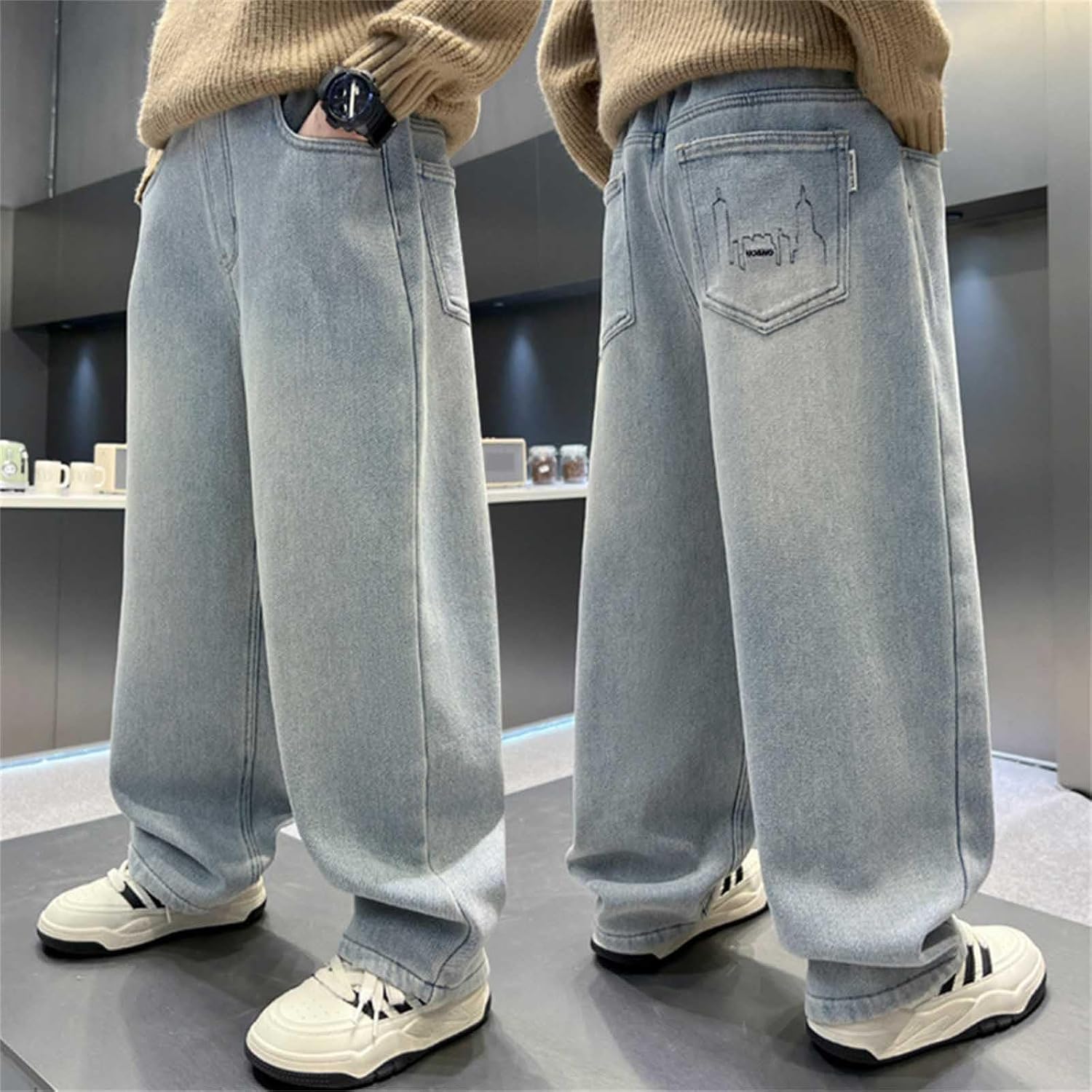 Boys Baggy Jeans Y2K Wide Leg Denim Boys Casual Pants Elastic Waist Y2K Streetwear Trousers Hip Hop Boyfriend Jeans