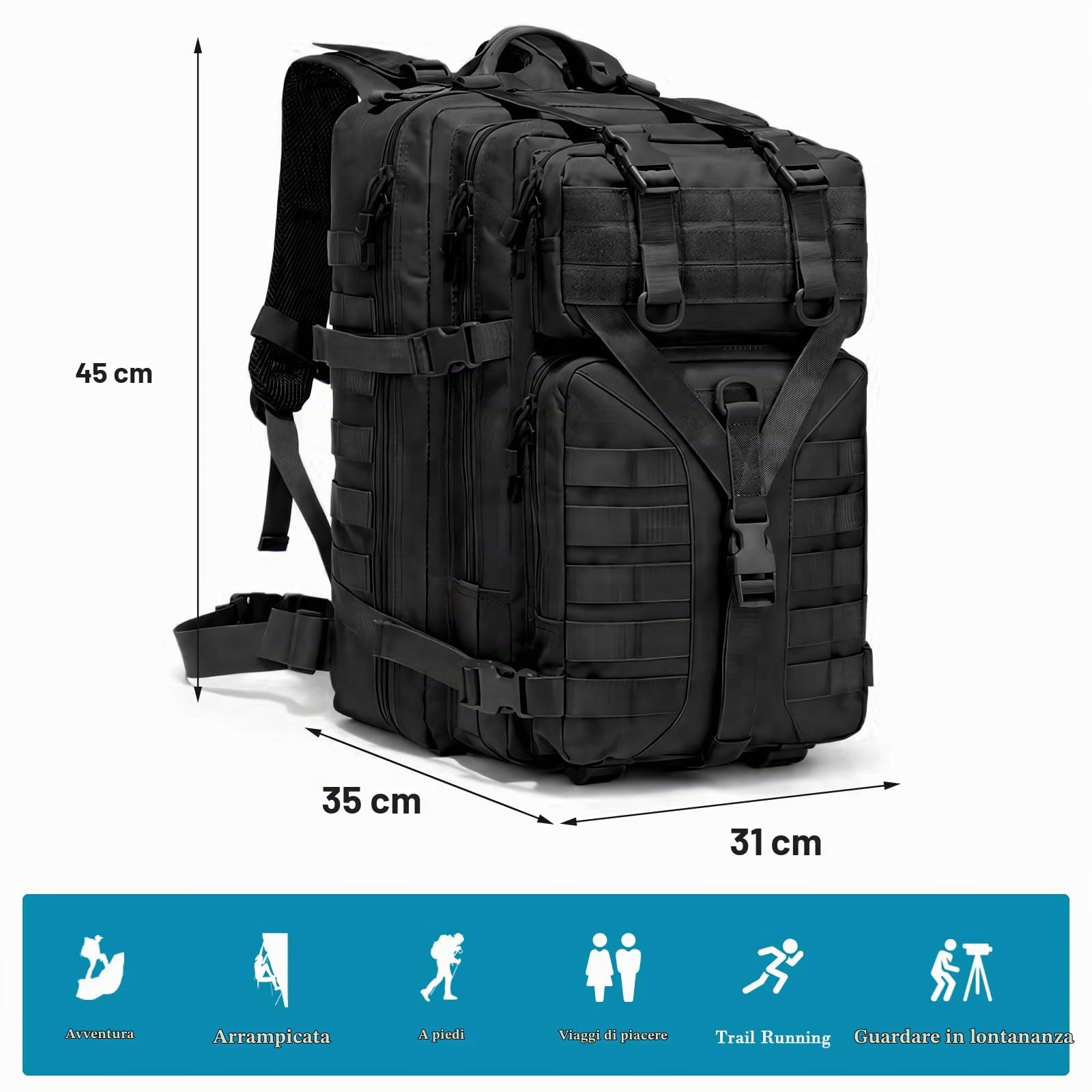 GKXLH Zaino Tattico - 45L Zaino tattico militare per uomini donne, Tessuto Oxford 900D Esercito tattico Bug Out Bag Zaino Daypack, Borsa tattica per militari, escursionismo, pesca, caccia, campeggio