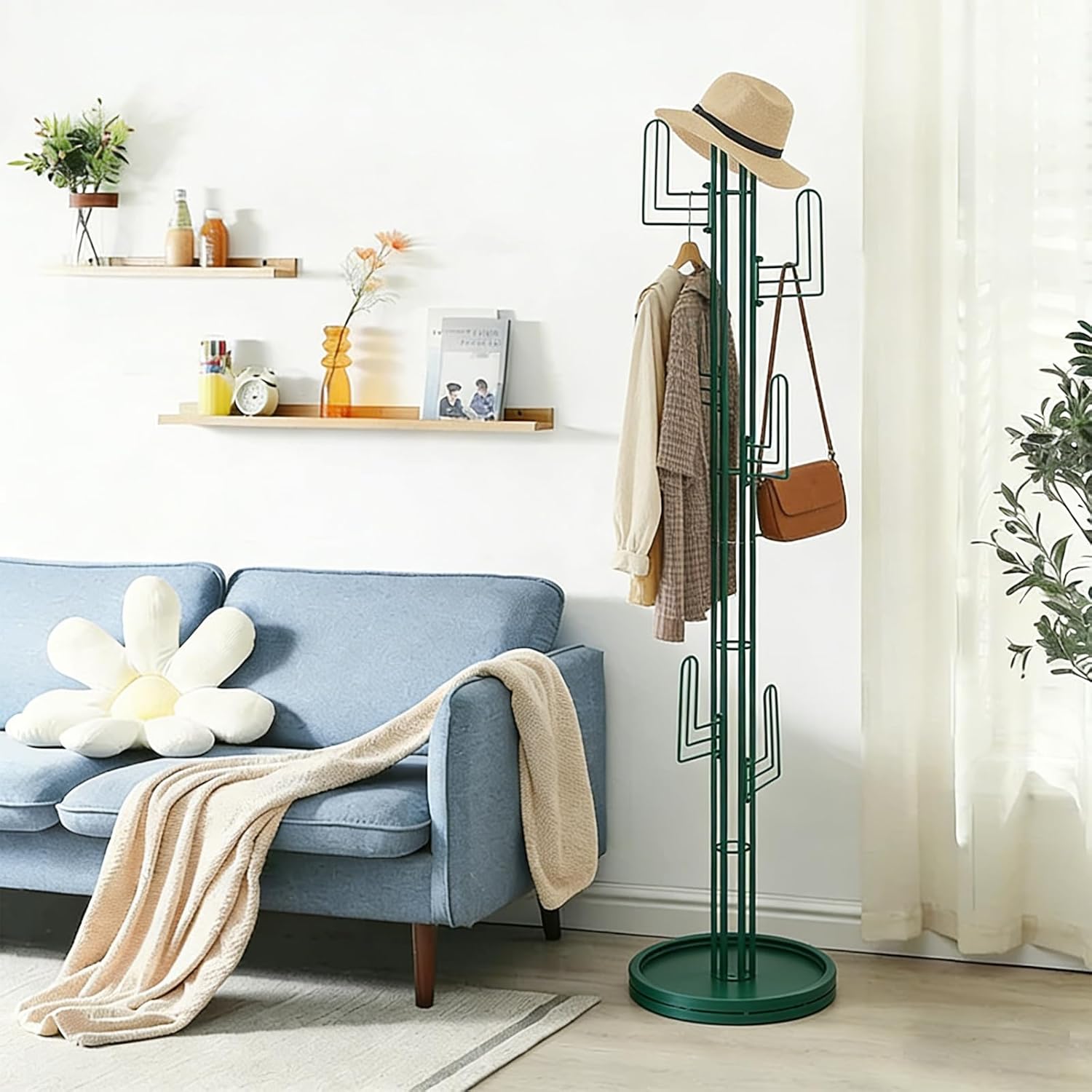 Cactus Shaped Clothing Rack Stand, Freestanding Coat Stands 6 Hooks Coat Hanger Garment Racks with Stable Round Base for Entry Hallway Bedroom Hats Bags Umbrellas (green)