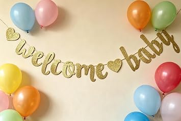 Firefairy Welcome Baby Gold Glitter Banner - Baby Shower Decorations, Welcome Baby Sign Pregnancy Announcement, Gender Reveal Party Supplies Gold