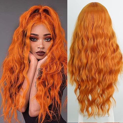 Long Orange Wavy Wigs for Women, TANTAKO Long Synthetic Hair Wig with Small Lace Halloween Cosplay Wig - 382 Orange