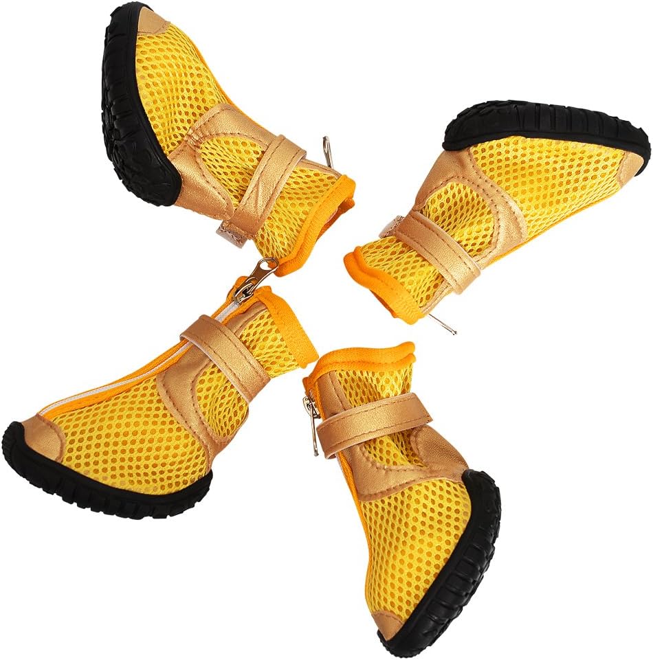 Dog Boots Waterproof Dog Shoes for Medium Large Dogs with Reflective Rugged Anti-Slip Sole Yellow Pack of 4 Pcs