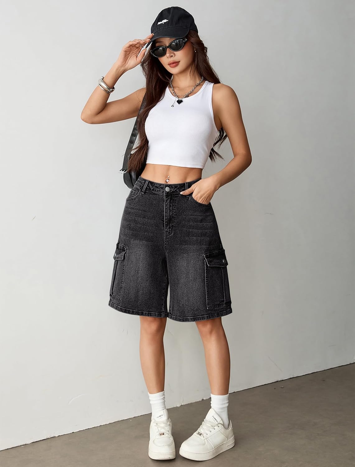 Eddoyee Baggy Bermuda Cargo Jorts for Women Y2K Long Knee Length Stretchy Denim Jean Shorts Casual Outfits with 6 Pockets