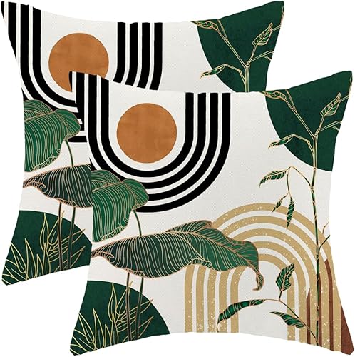 Sorktse Boho Pillow Covers 18x18 Inch Set of 2 Gold Green Tropical Leaf Brown Mi