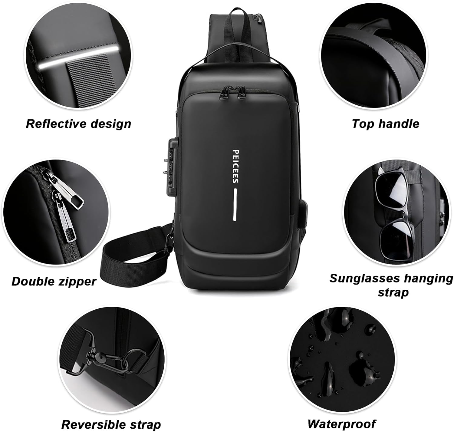 Peicees Mens Crossbody Bag Man Bags Mens Purse Anti-theft Leather Sling Bag Shoulder Bag Chest Bag for Daily Use, Black Black - Image 4