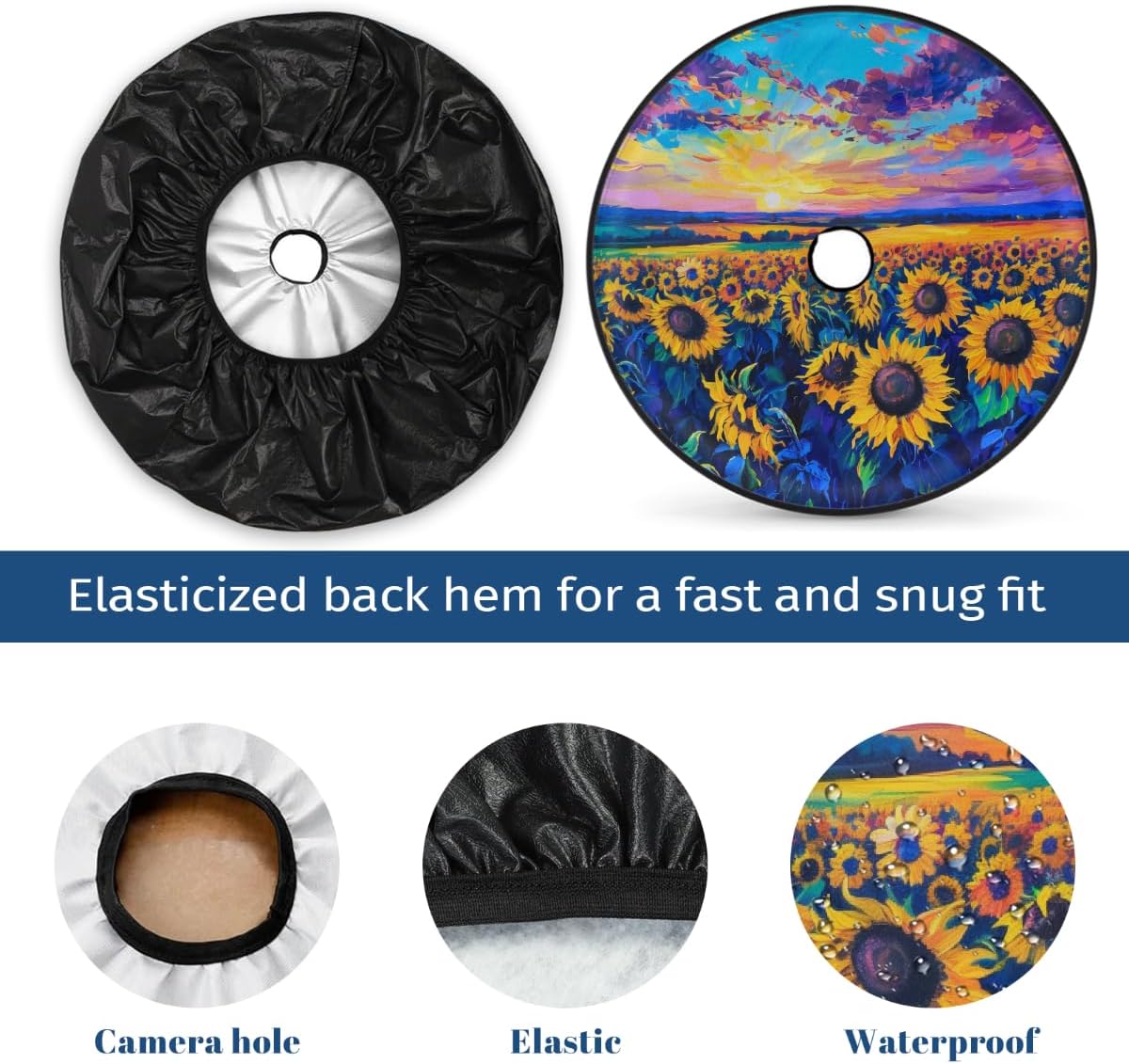 Spare Tire Cover with Backup Camera Hole - 17 Inch Sunflower Field Sunset Print Design for SUV, Trailers and RV