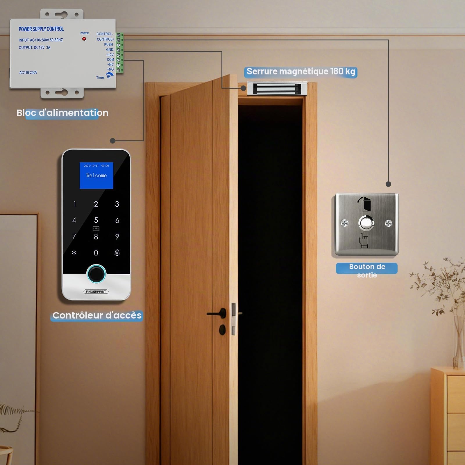 Système d'entrée de porte avec clavier de contrôle d'accès étanche, alimentation DC 12 V, interrupteur de déverrouillage de porte, (serrure électrique) et porte-clés RFID 125 kHz