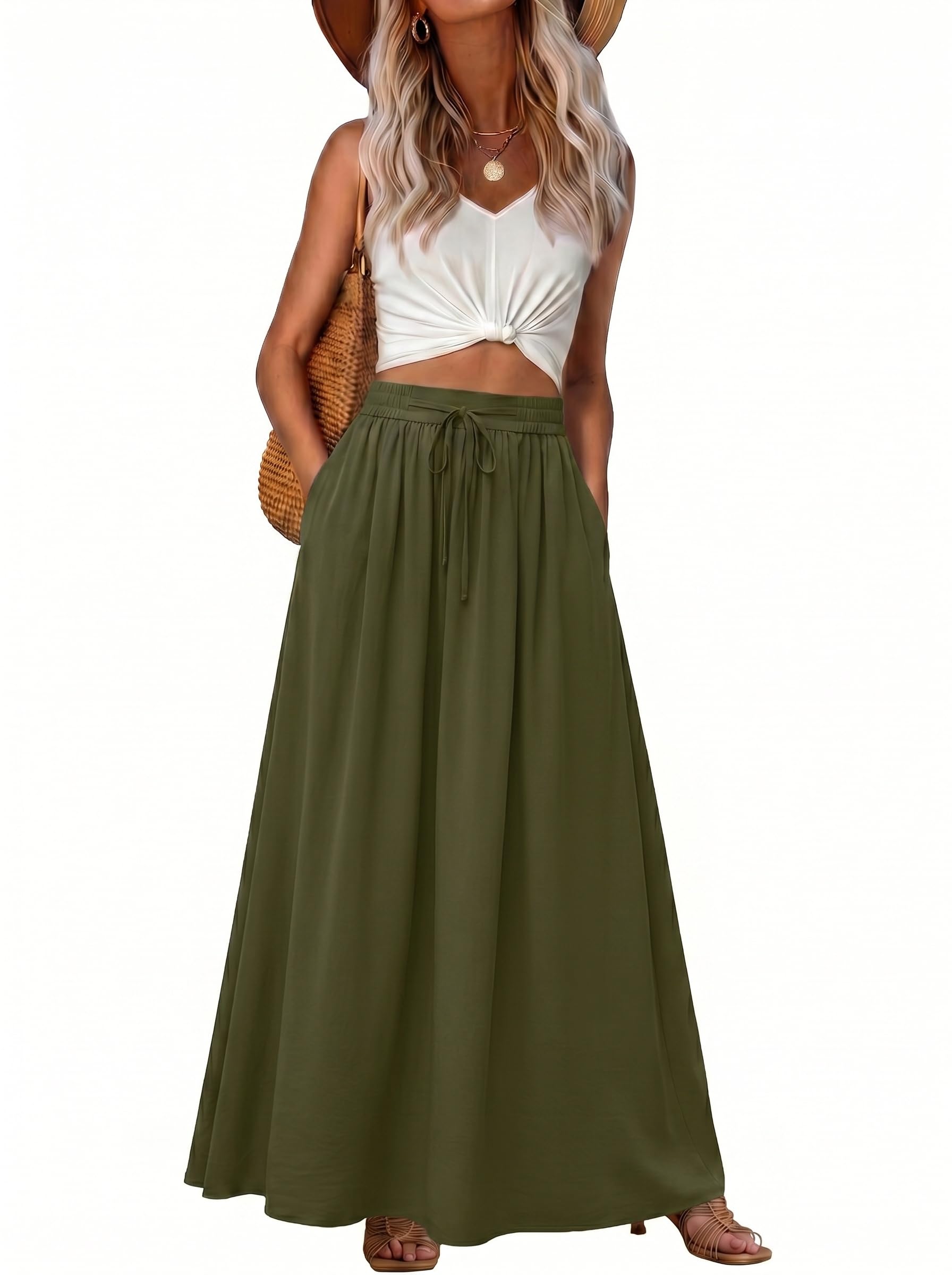 GRECERELLE Damska spódnica letnia, długa spódnica w stylu boho, linia A, elegancka spódnica maxi, sukienka plażowa, długa spódnica z kieszenią, lekka i przewiewna