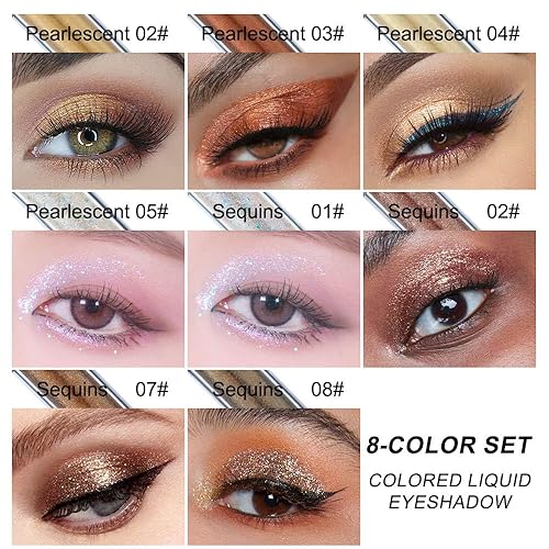 Miniatura 2 de evpct Juego de 8 sombras de ojos líquidas con brillantina, blanco perla, plata, luz oscura, rosa, desierto, moca, beige, marrón, dorado, brillante,