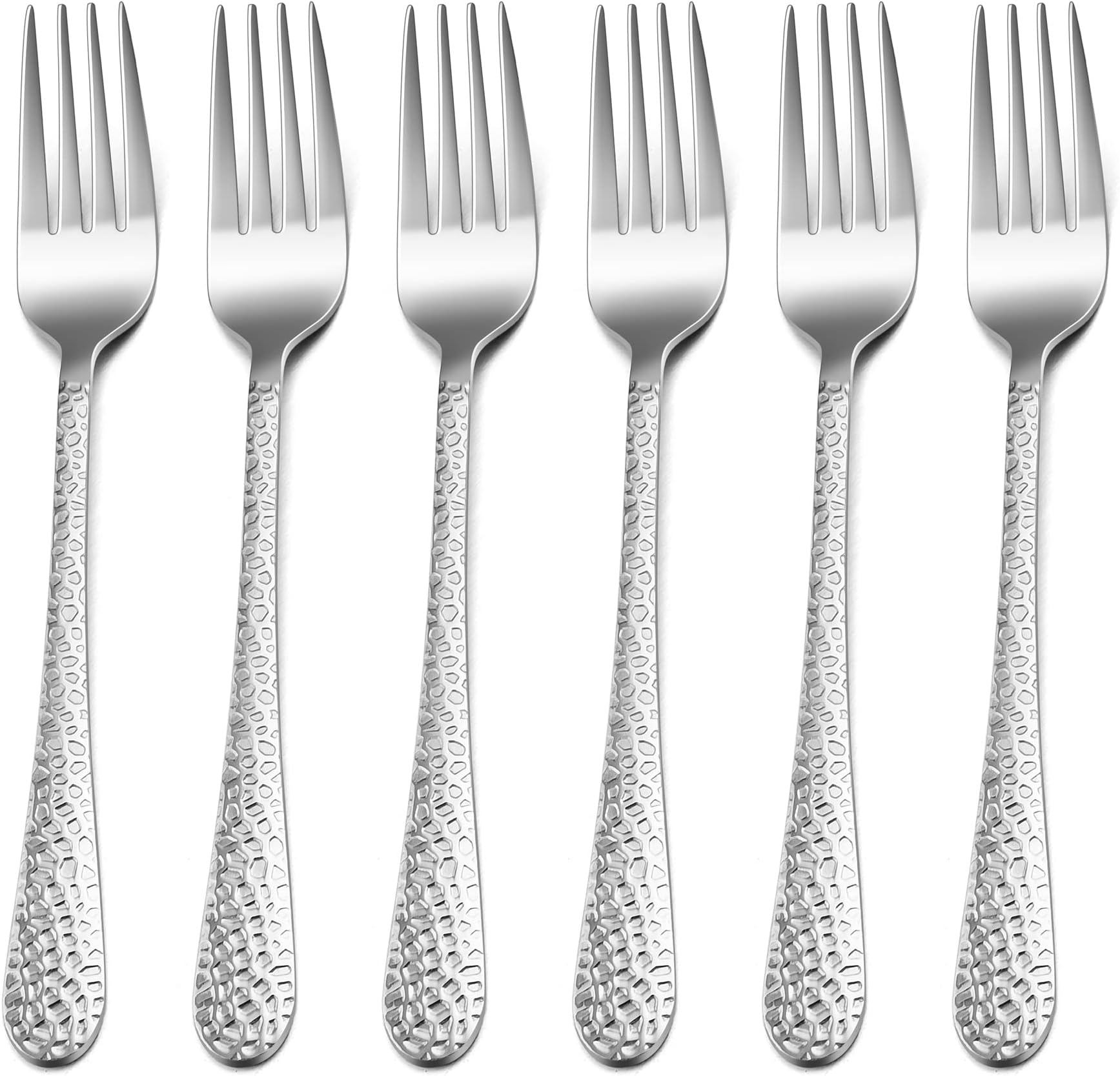 HaWare 6 Piece Large Stainless Steel Dinner Table Forks with Hammered Handle for Home, Kitchen, Restaurant, Mirror Polished & Dishwasher Safe, 20cm