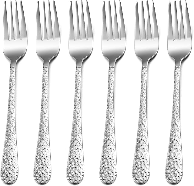HaWare Dinner Forks Set, 6 Piece Stainless Steel Forks with Hammered Handle, Elegant Large Silver Table Forks for Home, Kitchen, Restaurant, Mirror Polished & Dishwasher Safe - 20cm