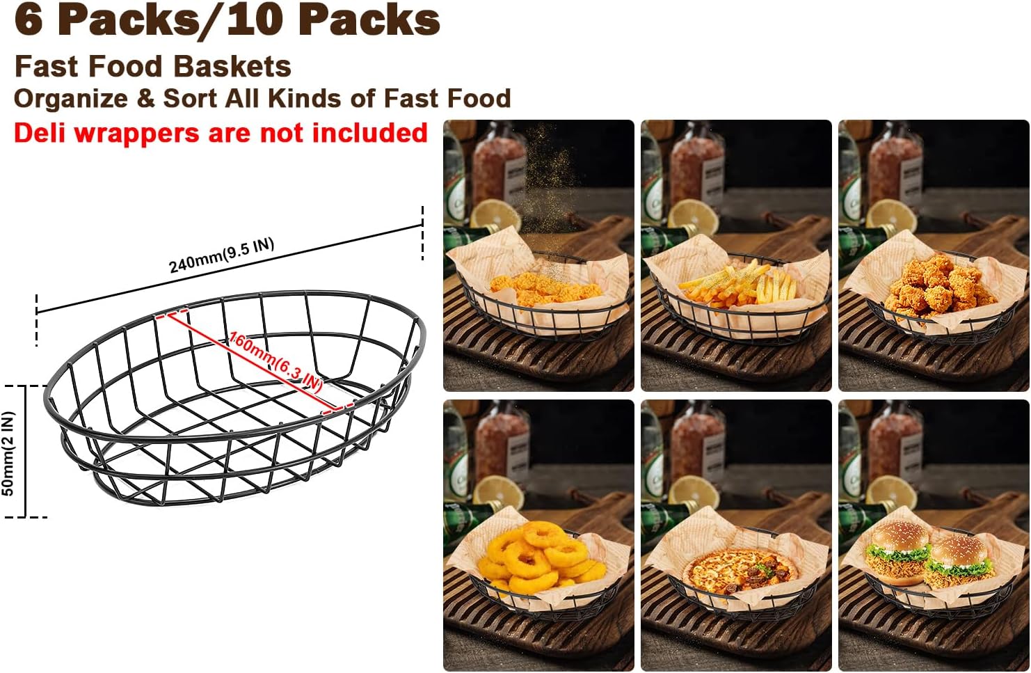 6 Pack Fast Food Oval Baskets, Wire Bread Basket for Serving, Reusable Chip Burger Fruit Vegetables Bowl Storage for Kitchen Table, Restaurants, Snack Bar, Metal (Matte Black)