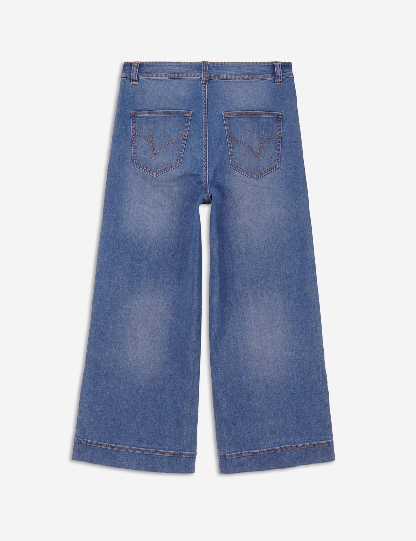 Jupe-culotte en jean taille haute pour femme avec quatre poches, fermeture à bouton sur le devant, tissu extensible et jupe-culotte à jambe large
