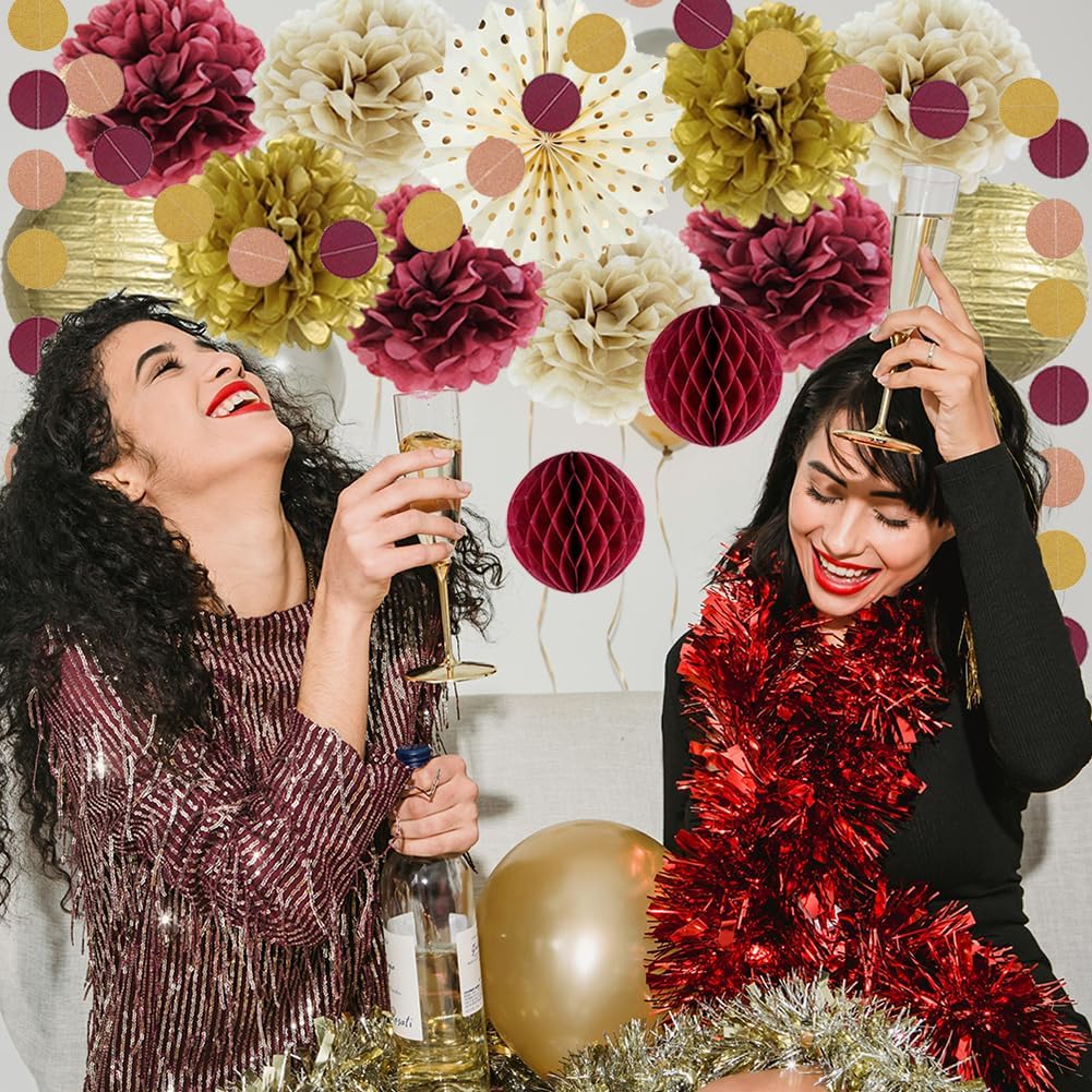 Maroon and Gold Graduation Decorations 2026 Burgundy Party Decorations Paper Pom Poms Lanterns Rose Gold Glitter Dots Hanging Party Garland for Burgundy Birthday Bridal Shower Bachelorette Party Decor