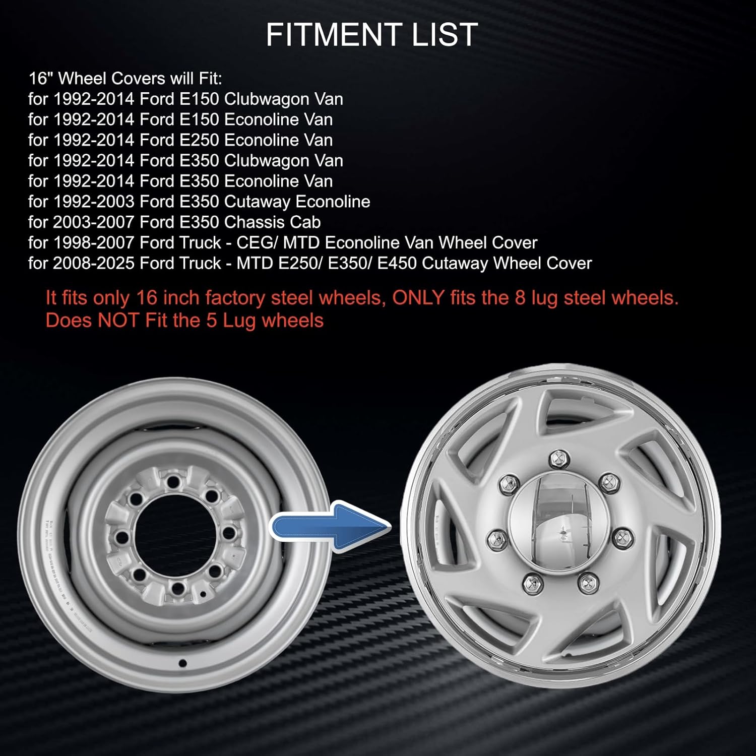 Chrome Wheel Hubcaps Compatible with Ford Van E150 E250 E350 1992-2014; Ford Truck 1998-2025 16 inch 8 Lug 16" Steel Wheel Covers Set of 4 Packs (Chrome&Silver)