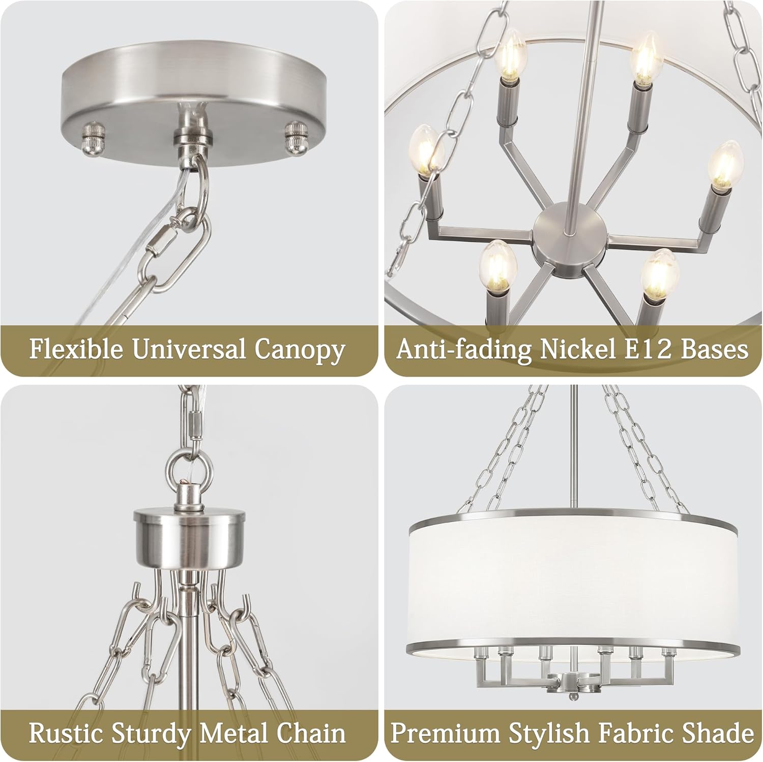 20'' Brushed Nickel Drum Chandeliers for Dining Room, 6-Light Modern White Fabric Chandeliers Large Round Pendant Light Fixture for Kitchen Island Living Room Bedroom