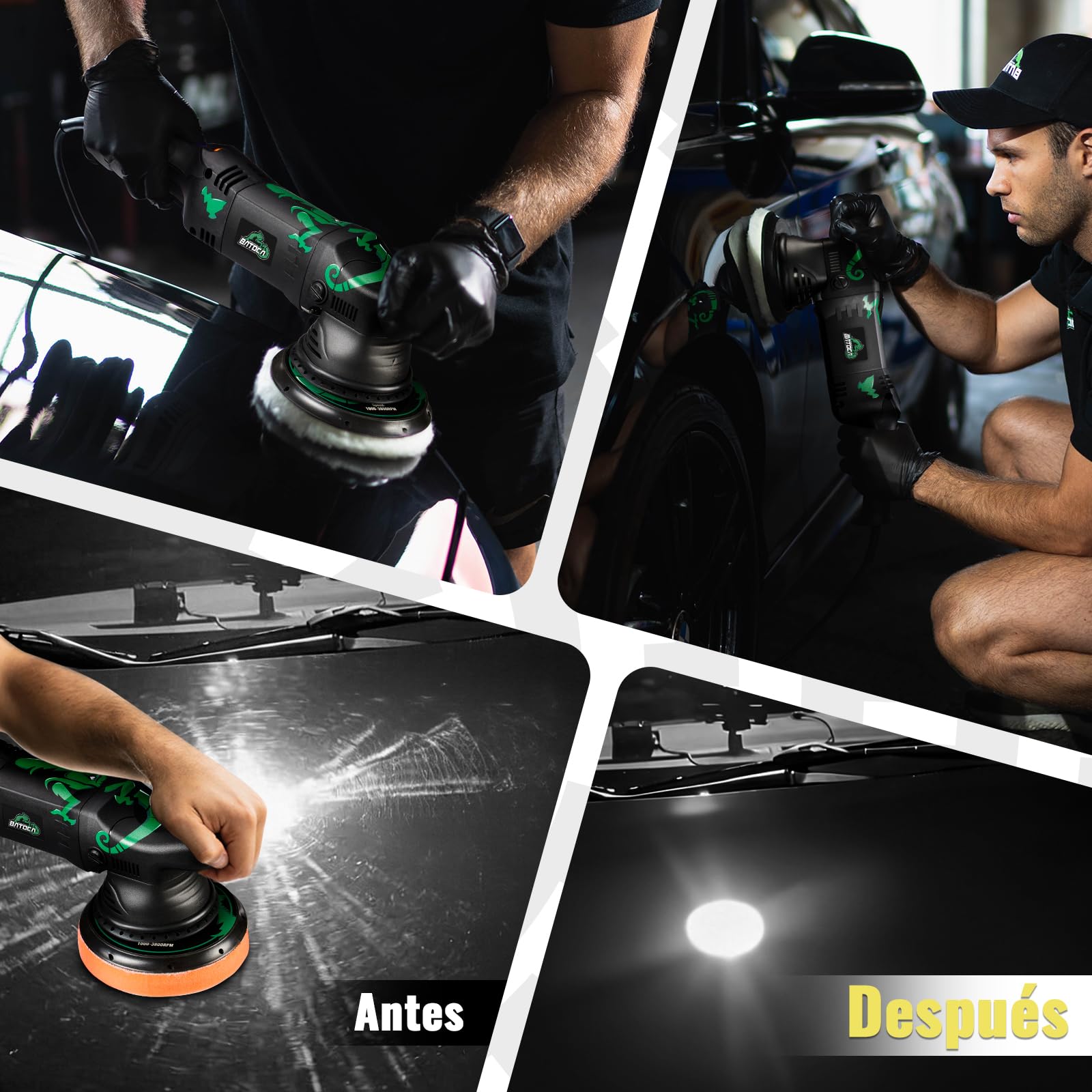 BATOCA T1 Pulidora Orbital 15mm,1100W Máquinas pulidoras,Excéntrico Pulidor de Coches,Pulir,Lijadora,Enceradora,125mm/150mm Kit de Pulido,2500-5500RPM,Cuidado Pintura,Encerar Automóviles Mueble