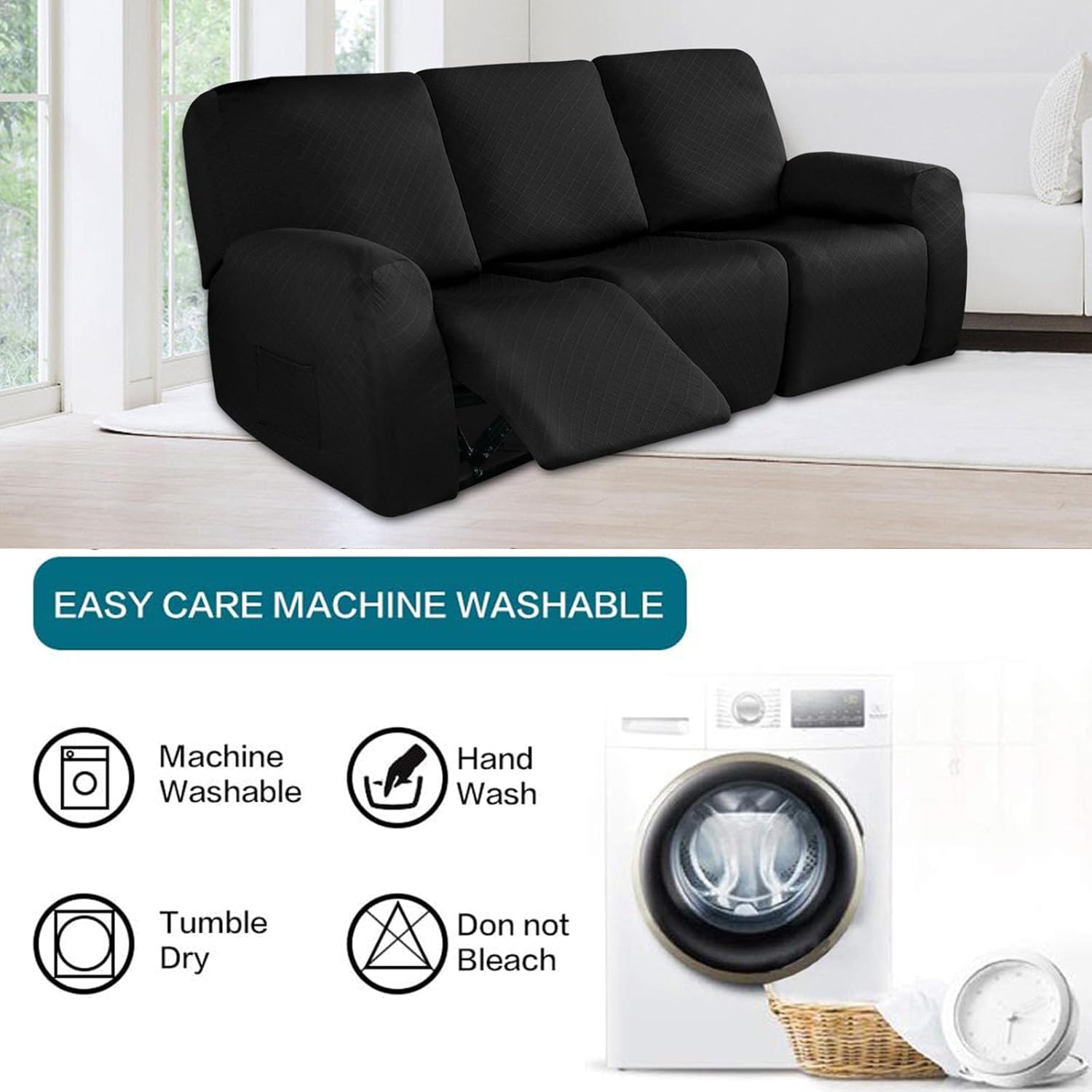100% Waterproof Recliner Chair Covers with Pockets, 4 Piece 1 2 3 Seat Recliner Sofa Slipcovers Jacquard Reclining Slipcovers Furniture Protector for Kids, Pets, Dog (Black,Sofa(8pcs))