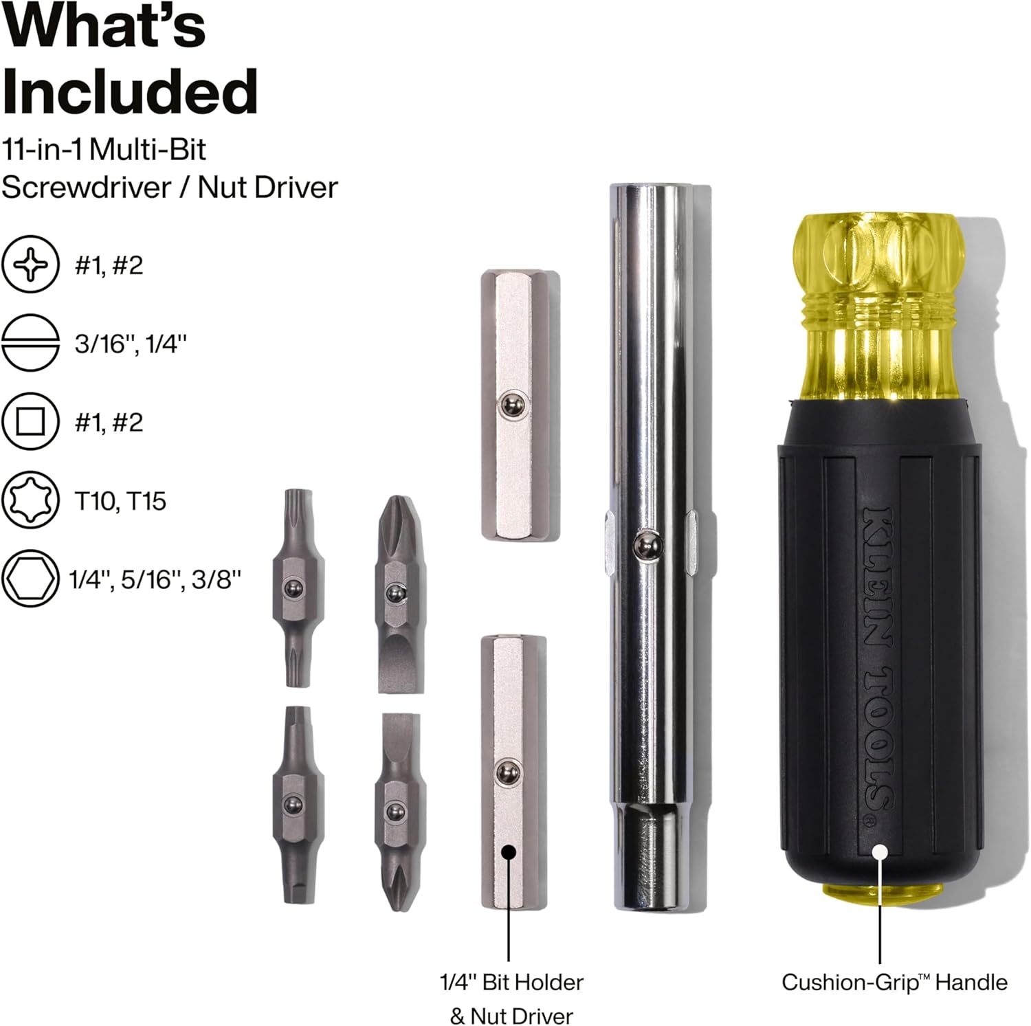 Klein Tools 32500 11-in-1 Screwdriver/Nut Driver Set, 8 Bits (Phillips, Slotted, Torx, Square), 3 Nut Driver Sizes, Cushion Grip Handle