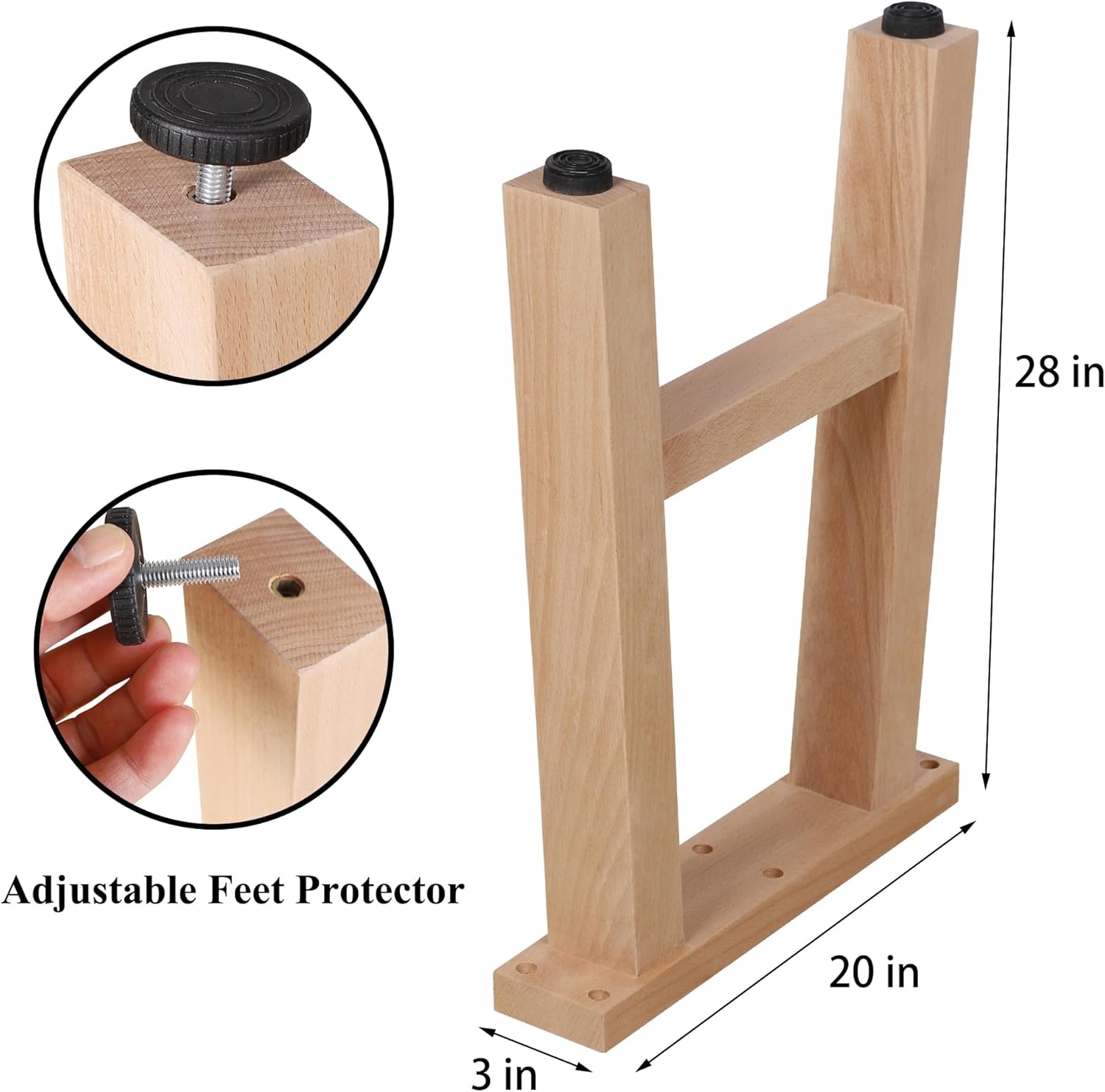 28" Wood Furniture Legs, Bench, Desk and Coffee Table Replacement Legs, Heavy Duty Furniture Feet, Square Unfinished Wooden Legs Set of 2, Home DIY Legs with Adjustable Levelers Screw-H Design