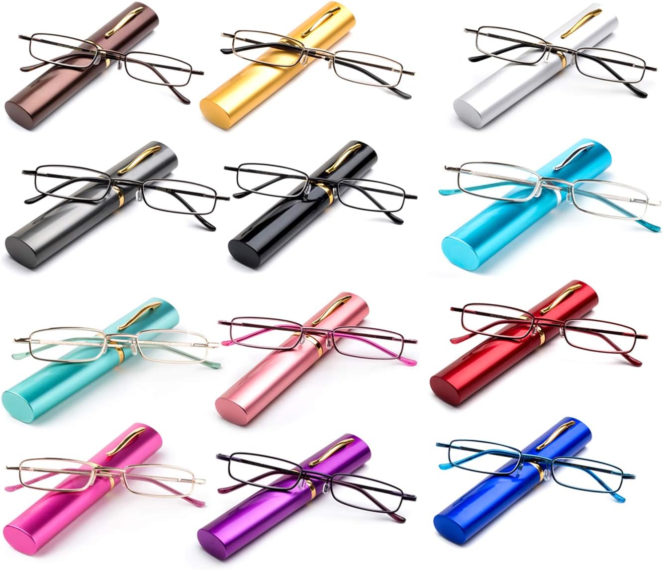 Compact Unisex Spring Temple Reading Glasses w/Pocket Clip Aluminum Case 12