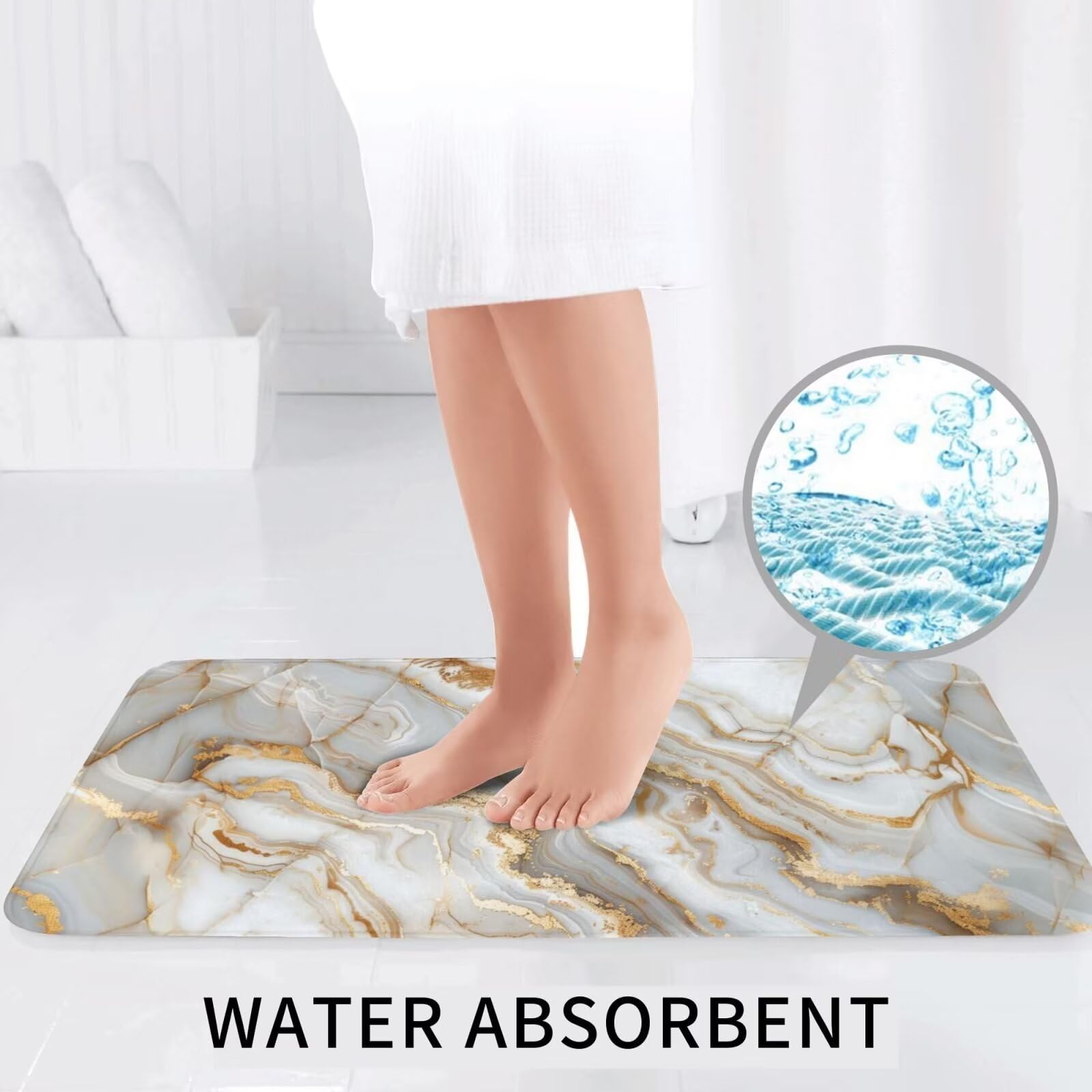 Juego de 3 alfombrillas de baño de mármol dorado, juego de alfombras de baño abstractas con parte trasera de goma con contorno en forma de U para baño, baño, suelo, ducha, mármol blanco
