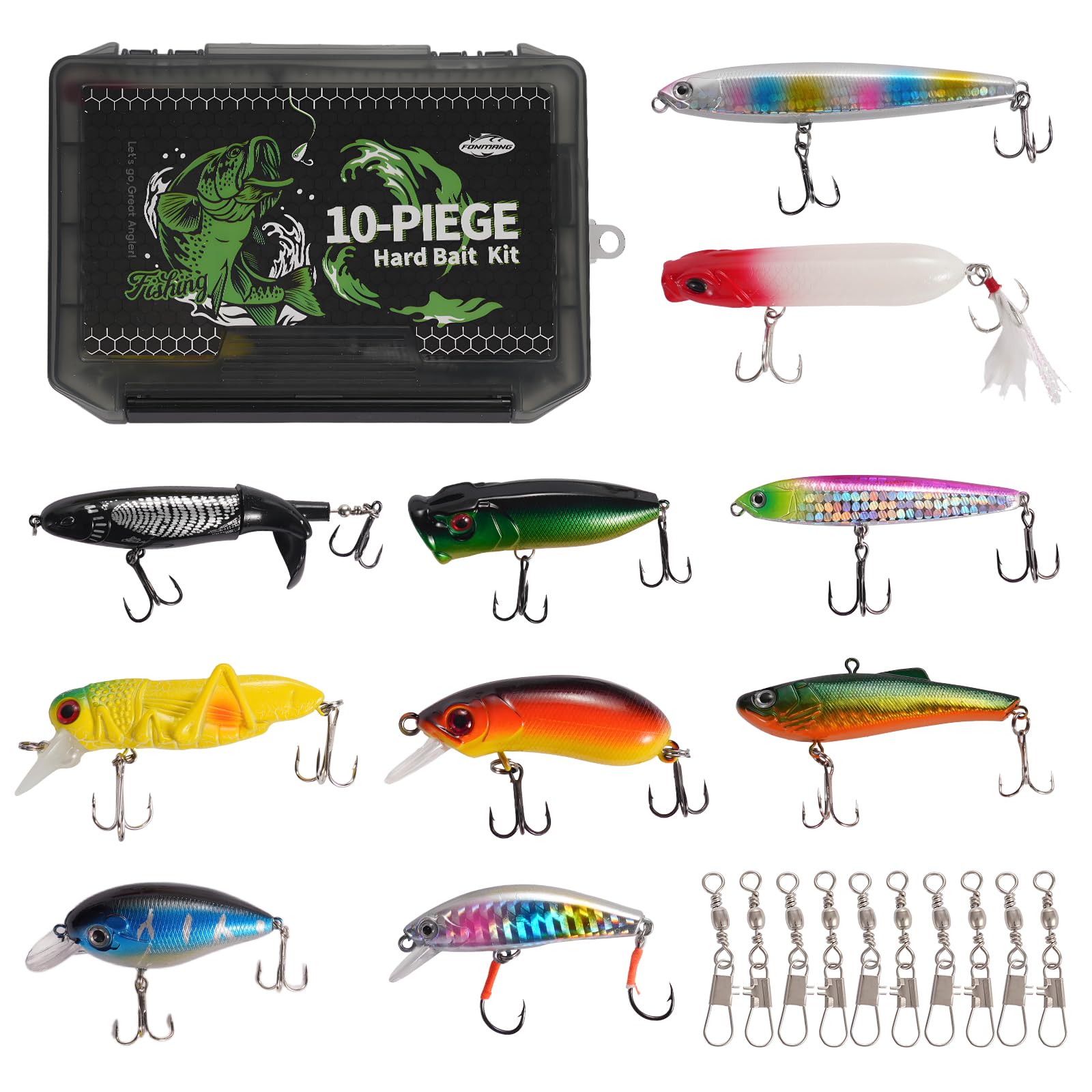 FONMANG Fishing Lures- 10- pcs Hard Bait Fishing kit Mixed with Minnow Popper Crank Bait top Water Lures for bass Walleye Trout for Saltwater and Freshwater
