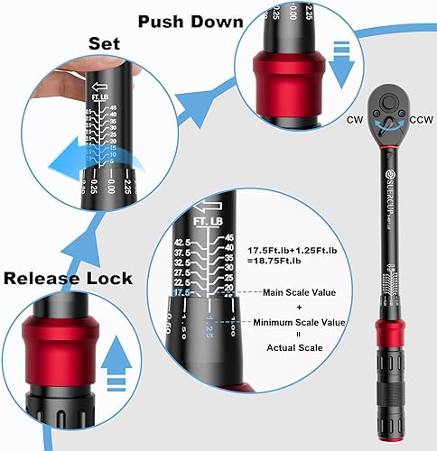 Miniatura 6 de Juego de 5 llaves dinamométricas de clic de 38 pulgadas, 5-45 pies-libra6.8-61 Nm, llave dinamométrica de alta precisión 3%, kit de mantenimiento de