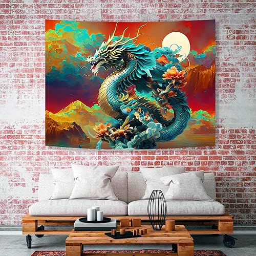 Miniatura 2 de Ine Ive Tapiz de dragón japonés para colgar en la pared, 40 x 30 pulgadas, decoración de pared de anime asiático, luna, nube, montañas brumosas,