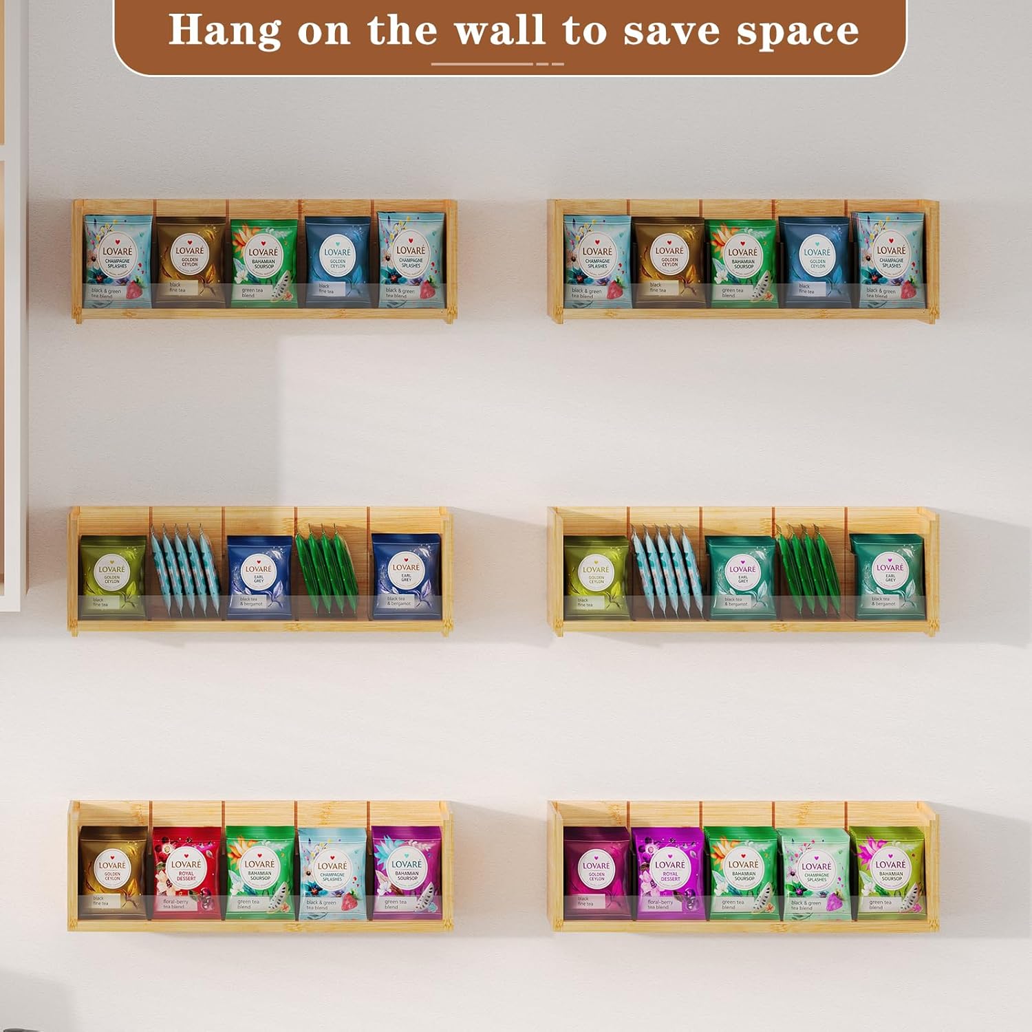X-cosrack Bamboo Tea Bag Organizer Storage Box, 3 Tier Stackable Tea Bag Box Natural Wood, Wall Mount Tea Chests with Acrylic for tea bags Office Kitchen Cabinet Pantry