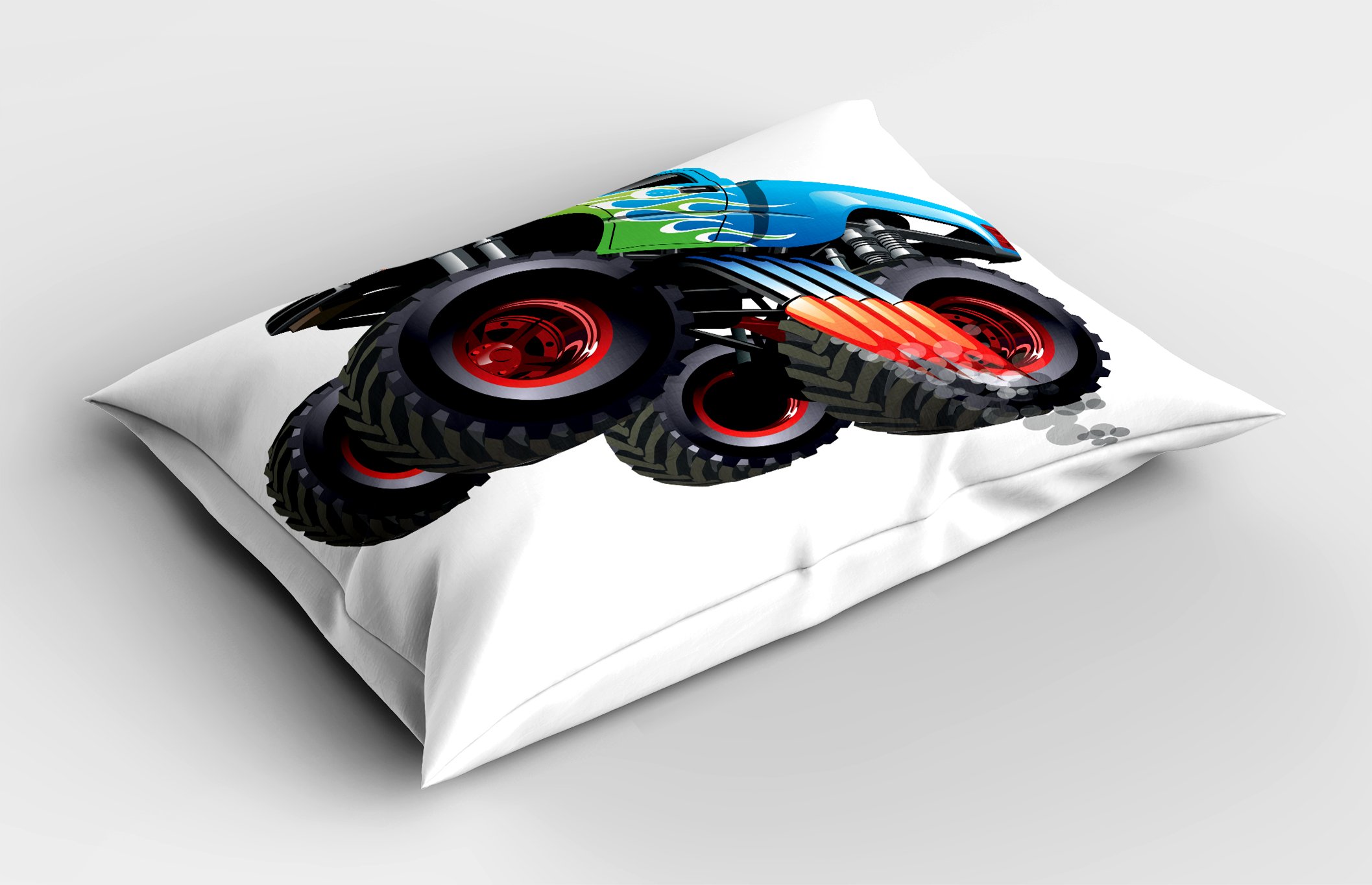 Ambesonne Cars Pillow Sham, Cartoon Monster Truck Cool Vehicle Modified to The Perfection Colorful Design, Decorative Standard Queen Size Printed Pillowcase, 30