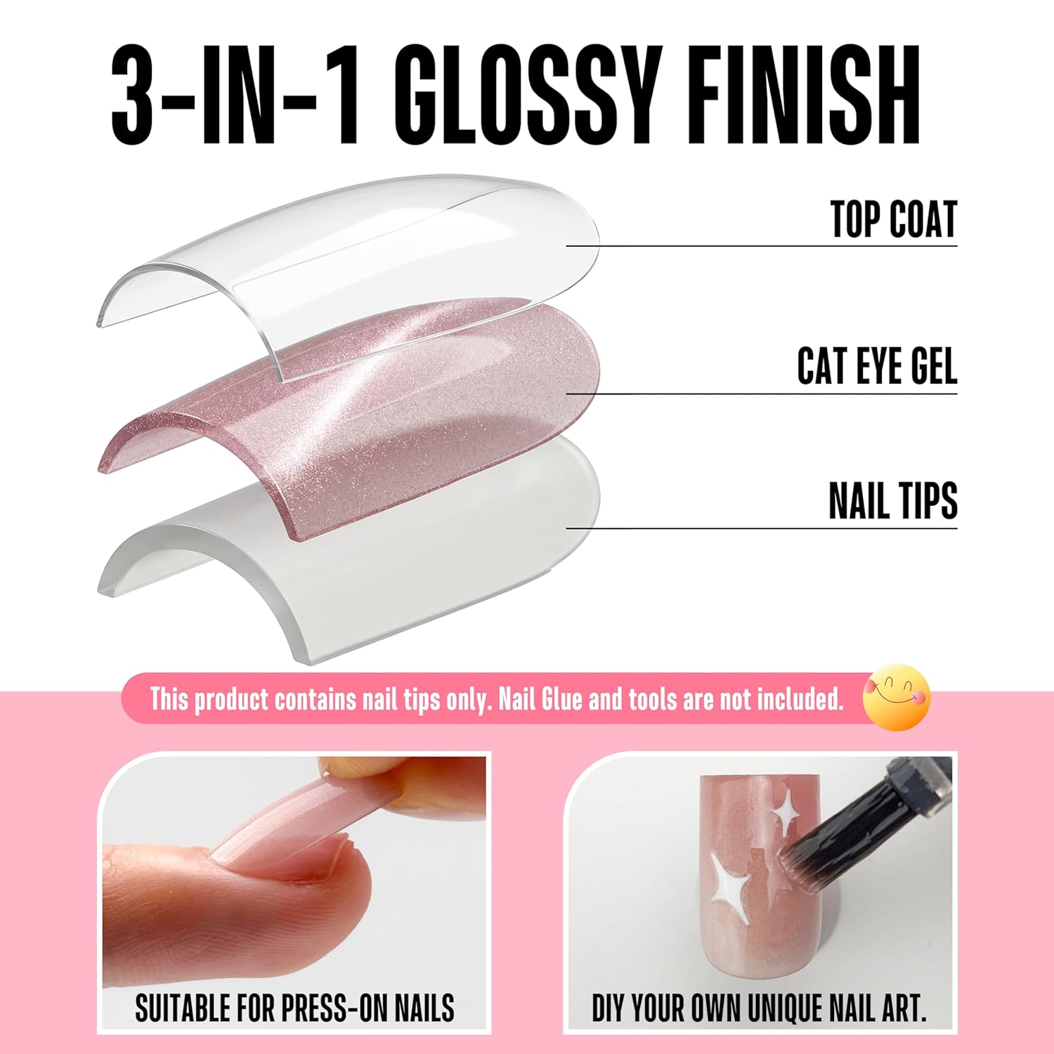 NOVO OVO Short Square Nail Tips 150Pcs Cat Eye, Light Pink Sharp Square Gel X Nail Tips, Glossy Finished with Top Coat, Full Cover Fake Nails No C Curve for Home DIY Typing Scenario, 15 Sizes
