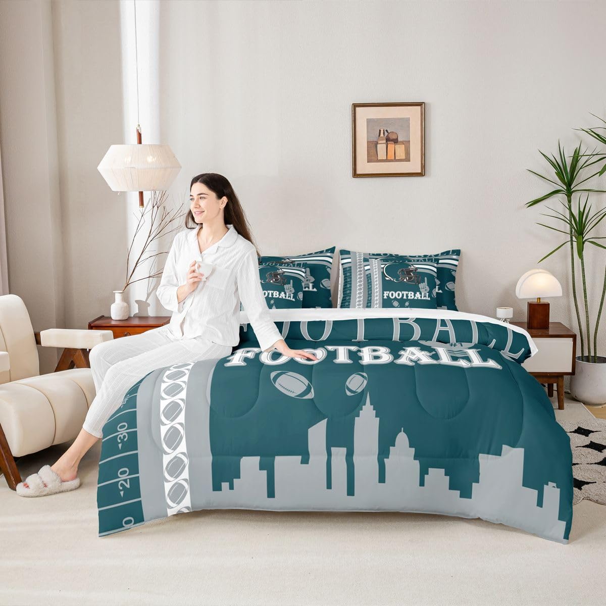 Feelyou Football 7 Pieces Comforter Sets Rugby Sports Bedding Set for All Season Queen Size Football City Bed in a Bag with Comforter, Sheets, Pillowcases & Cushion Cover - Image 6